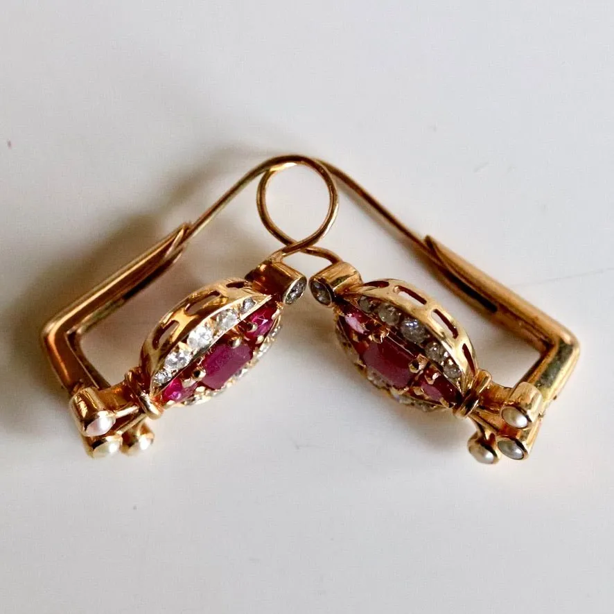 14k Rapunzel Ruby, Diamond and Pearl Earrings