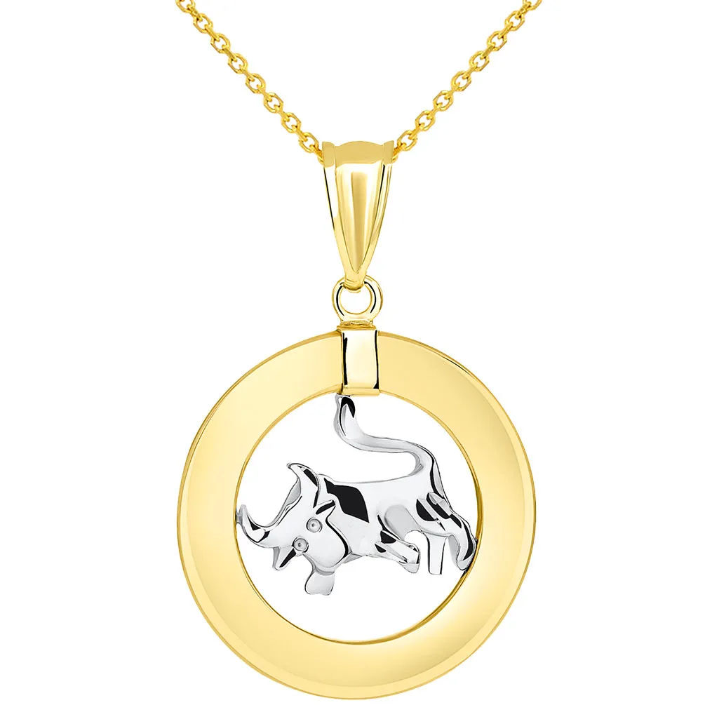 14k Two Tone Gold Open Circle Taurus Zodiac Sign Pendant Necklace