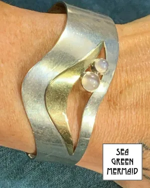 18k Yellow Gold & 925 Rainbow MOONSTONE Cuff WAVE Bracelet. 29g