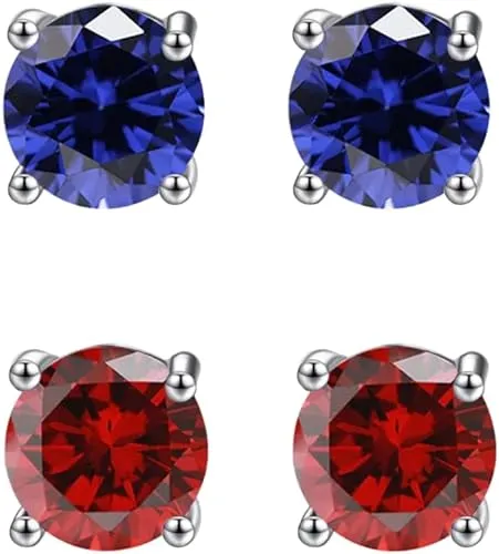24k White Gold Plated 3Ct Created Blue sapphire and  Ruby 2 Pair Round Stud Earrings