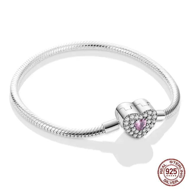 925 Sterling Silver Bracelet Moments Sparkling Heart Clasp Snake Chain Bracelet for Women DIY Charms Beads Jewelry Gifts