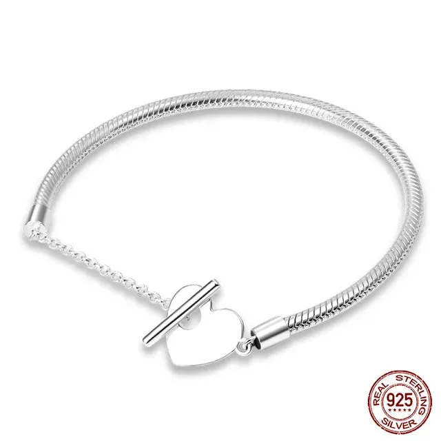 925 Sterling Silver Bracelet Moments Sparkling Heart Clasp Snake Chain Bracelet for Women DIY Charms Beads Jewelry Gifts