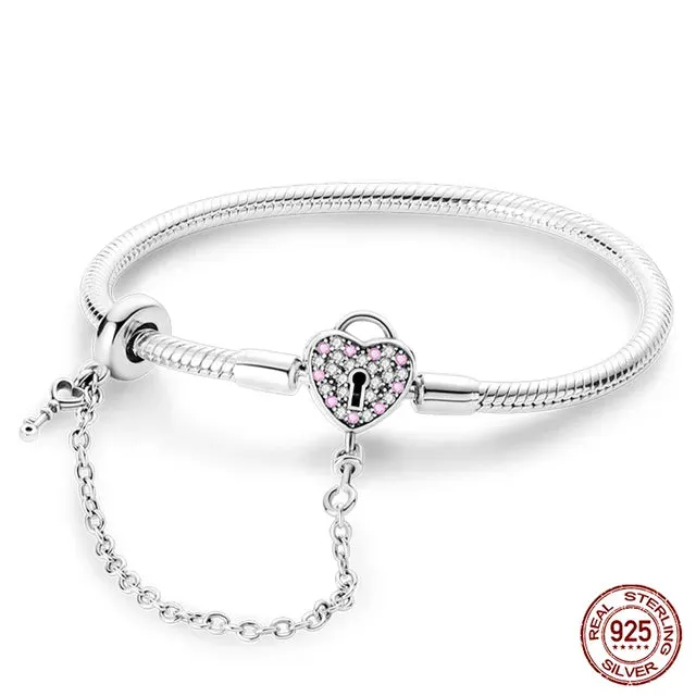 925 Sterling Silver Bracelet Moments Sparkling Heart Clasp Snake Chain Bracelet for Women DIY Charms Beads Jewelry Gifts