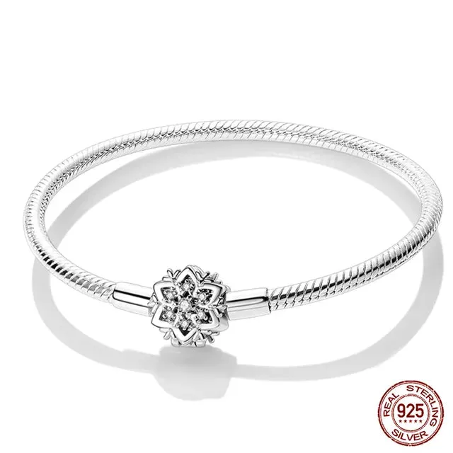 925 Sterling Silver Bracelet Moments Sparkling Heart Clasp Snake Chain Bracelet for Women DIY Charms Beads Jewelry Gifts