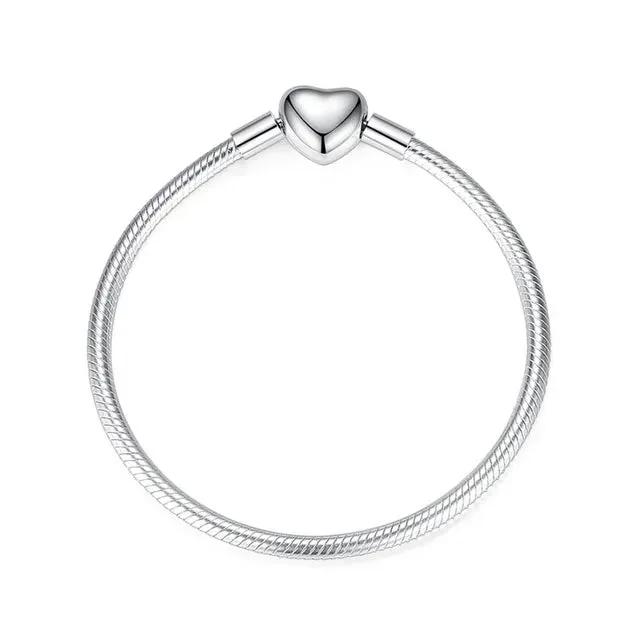 925 Sterling Silver Bracelet Moments Sparkling Heart Clasp Snake Chain Bracelet for Women DIY Charms Beads Jewelry Gifts