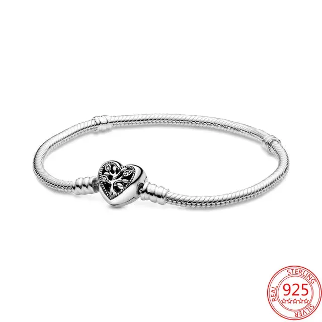 925 Sterling Silver Bracelet Moments Sparkling Heart Clasp Snake Chain Bracelet for Women DIY Charms Beads Jewelry Gifts