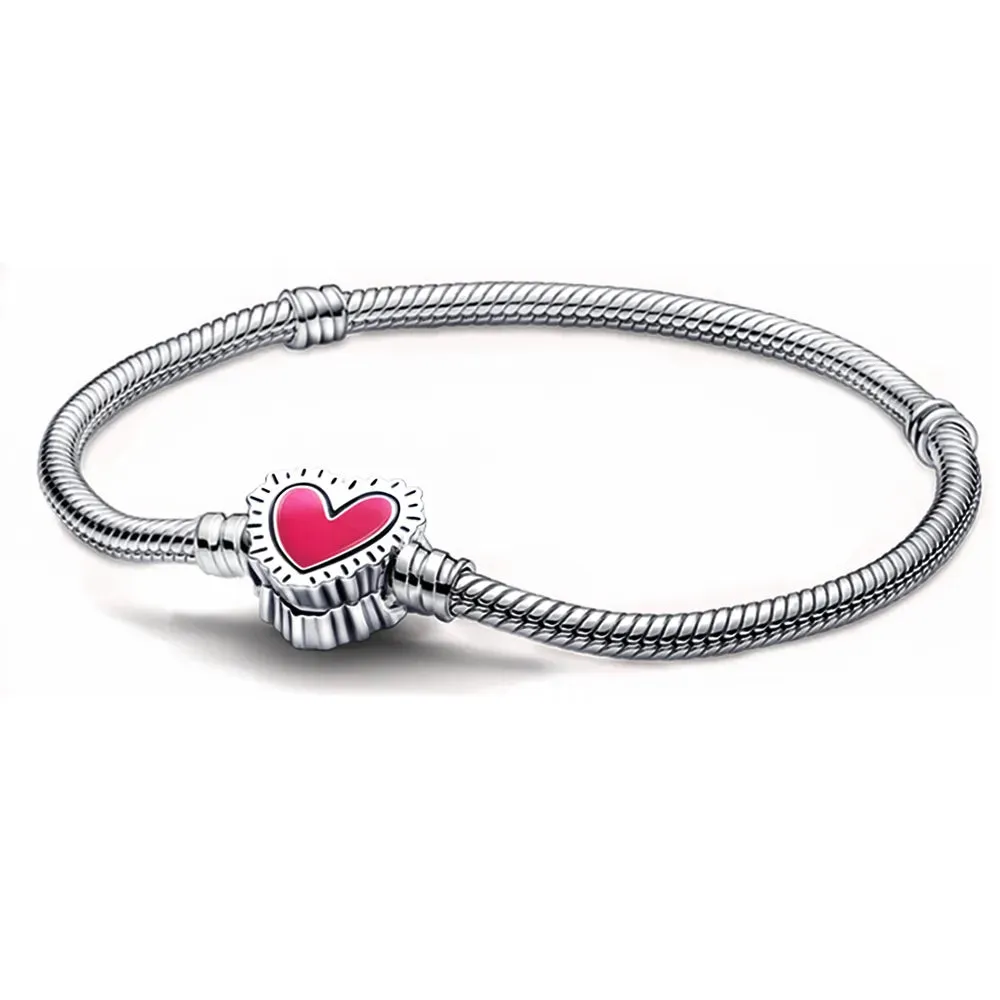 925 Sterling Silver Bracelet Moments Sparkling Heart Clasp Snake Chain Bracelet for Women DIY Charms Beads Jewelry Gifts