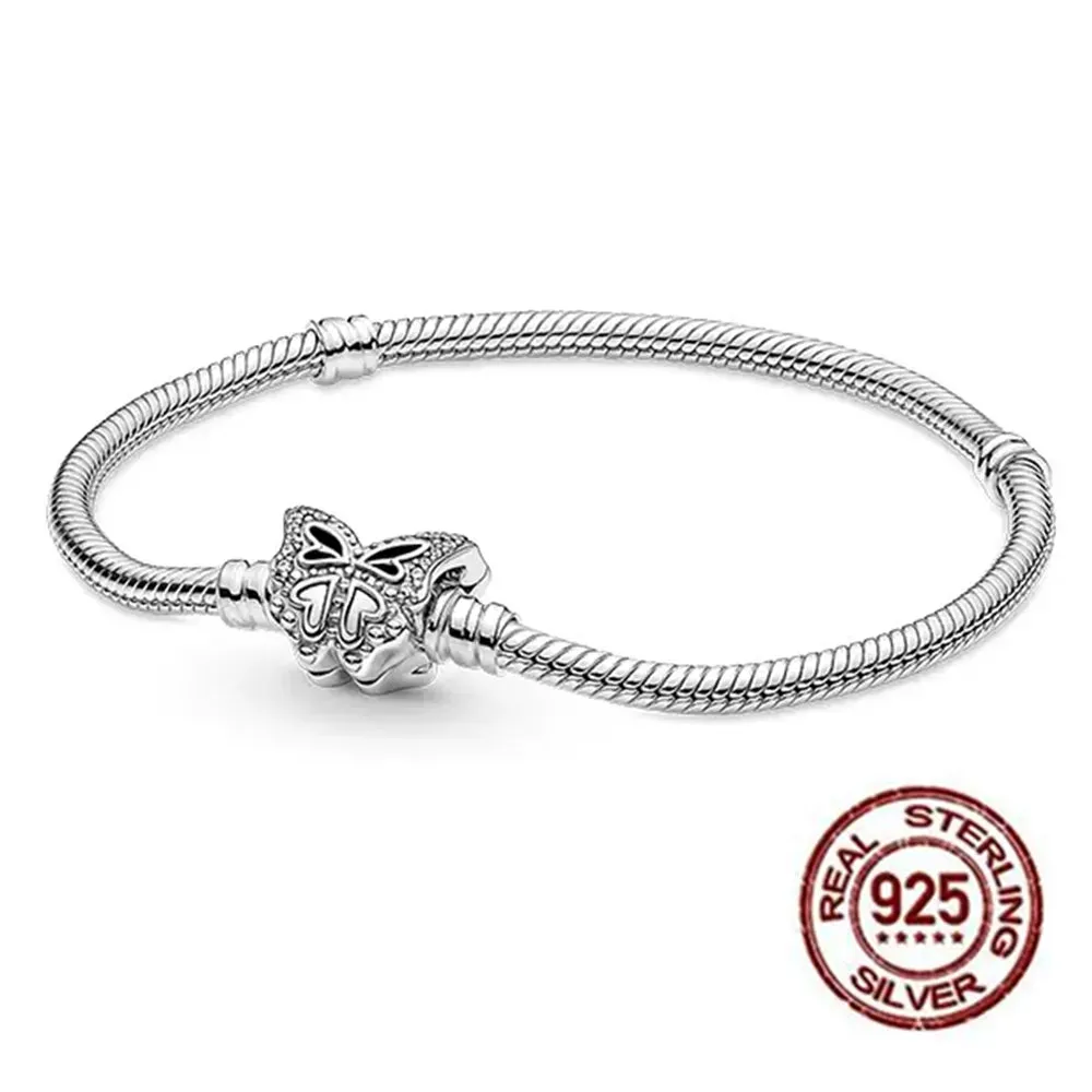 925 Sterling Silver Bracelet Moments Sparkling Heart Clasp Snake Chain Bracelet for Women DIY Charms Beads Jewelry Gifts