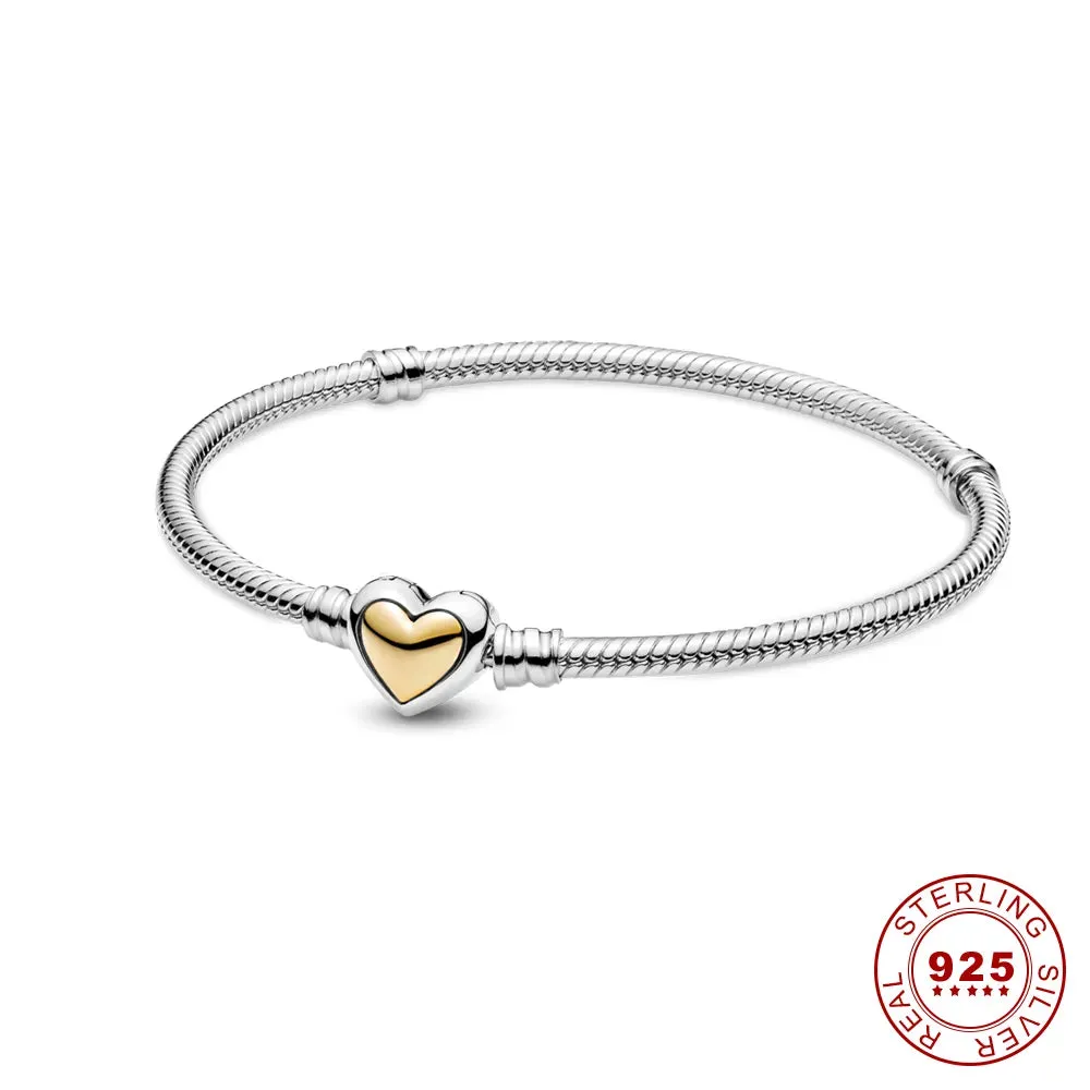 925 Sterling Silver Bracelet Moments Sparkling Heart Clasp Snake Chain Bracelet for Women DIY Charms Beads Jewelry Gifts