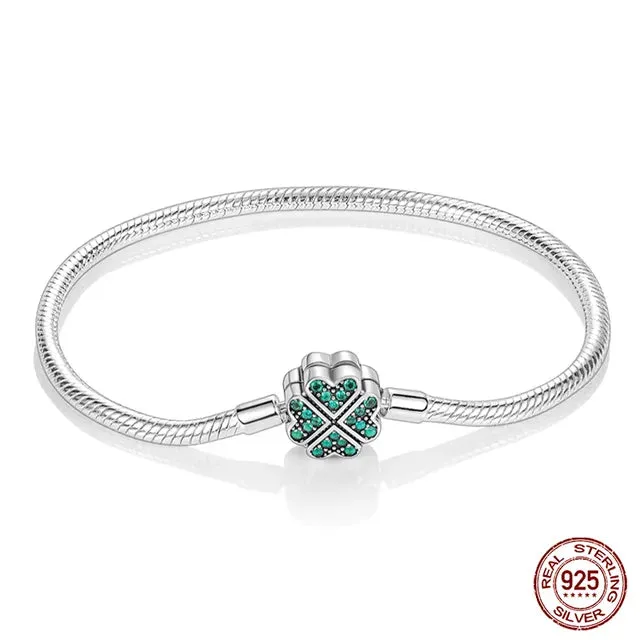 925 Sterling Silver Bracelet Moments Sparkling Heart Clasp Snake Chain Bracelet for Women DIY Charms Beads Jewelry Gifts