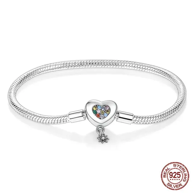 925 Sterling Silver Bracelet Moments Sparkling Heart Clasp Snake Chain Bracelet for Women DIY Charms Beads Jewelry Gifts