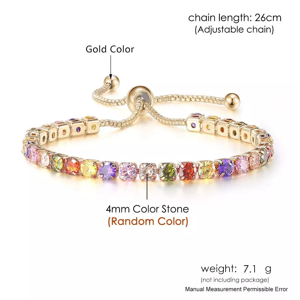 Adjustable Multicolor Tennis Bracelets For Women Ladies Wedding Rainbow Colorful Zircon Charm Bracelet Hand Chain Jewelry DZH043