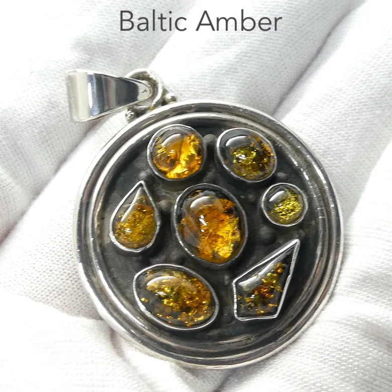 Amber Pendant, Mediaeval Style Disc with Seven Cabochons, 925 Sterling Silver