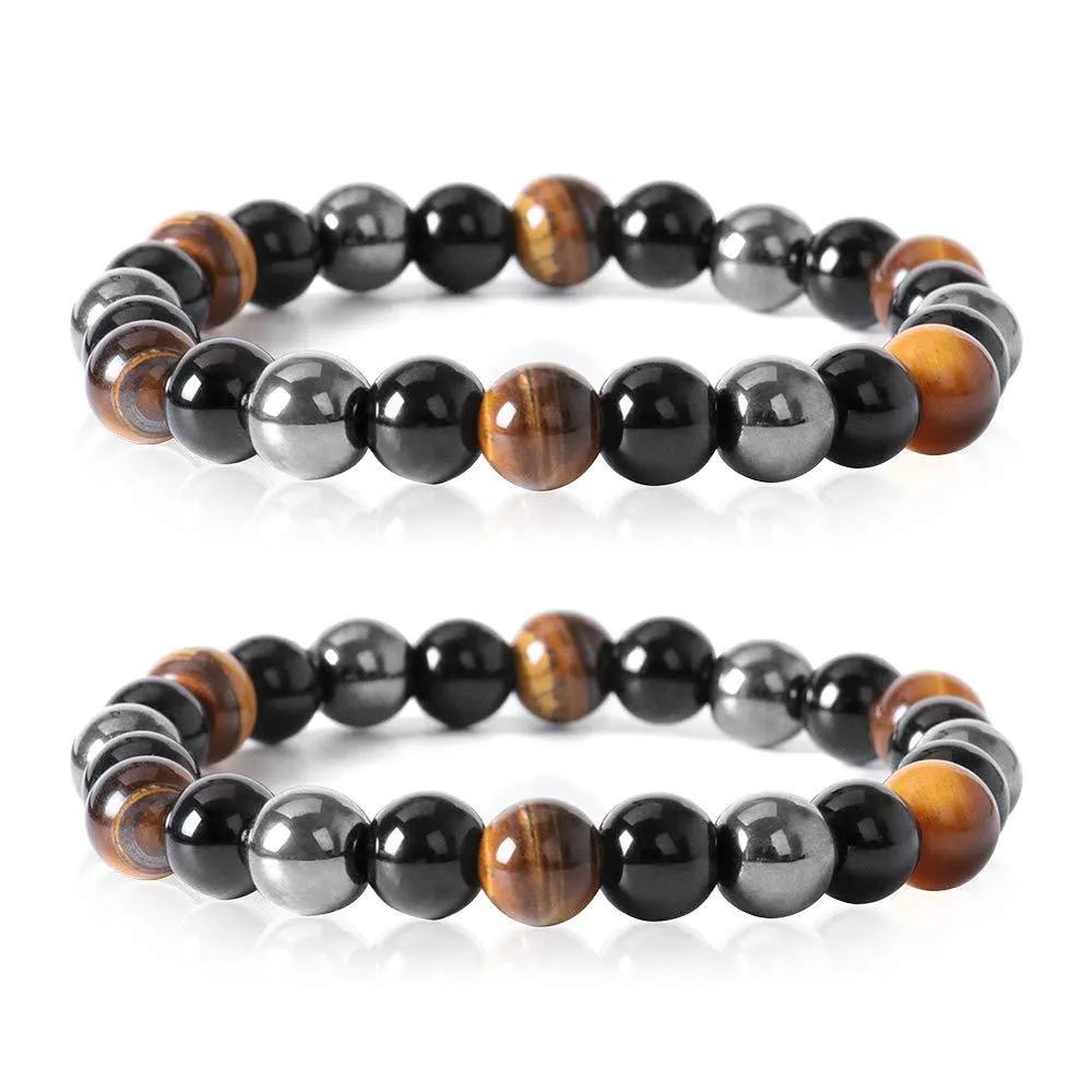 Beads Bracelet Triple Protection, 2 Pack 8 mm Tigers Eye Bracelet Hematite Beads & Black Obsidian Balance Bracelet Gemstones Bracelet for Protection - Bring Luck And Prosperity Unisex 16cm to 18cm