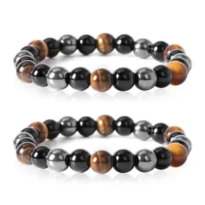 Beads Bracelet Triple Protection, 2 Pack 8 mm Tigers Eye Bracelet Hematite Beads & Black Obsidian Balance Bracelet Gemstones Bracelet for Protection - Bring Luck And Prosperity Unisex 16cm to 18cm