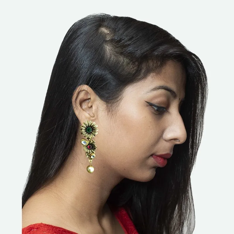 Beautiful Gold Look Danglers With Ruby And Green Stone And Pearl Latkan