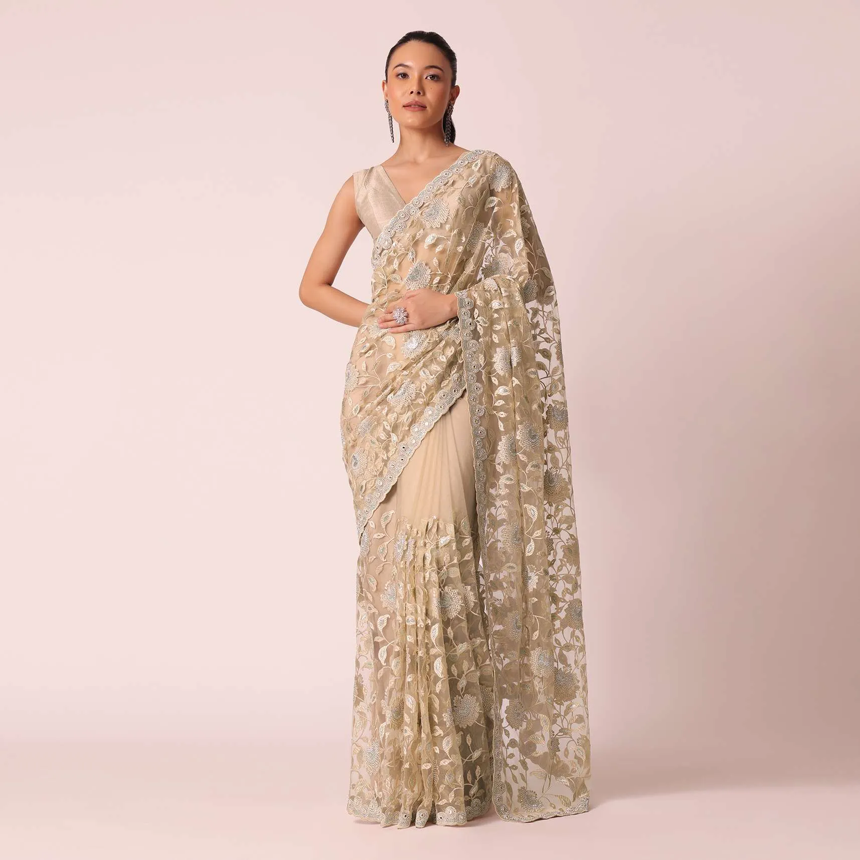 Beige Mirror Work Saree With Scallop Border And Unstitched Blouse Piece