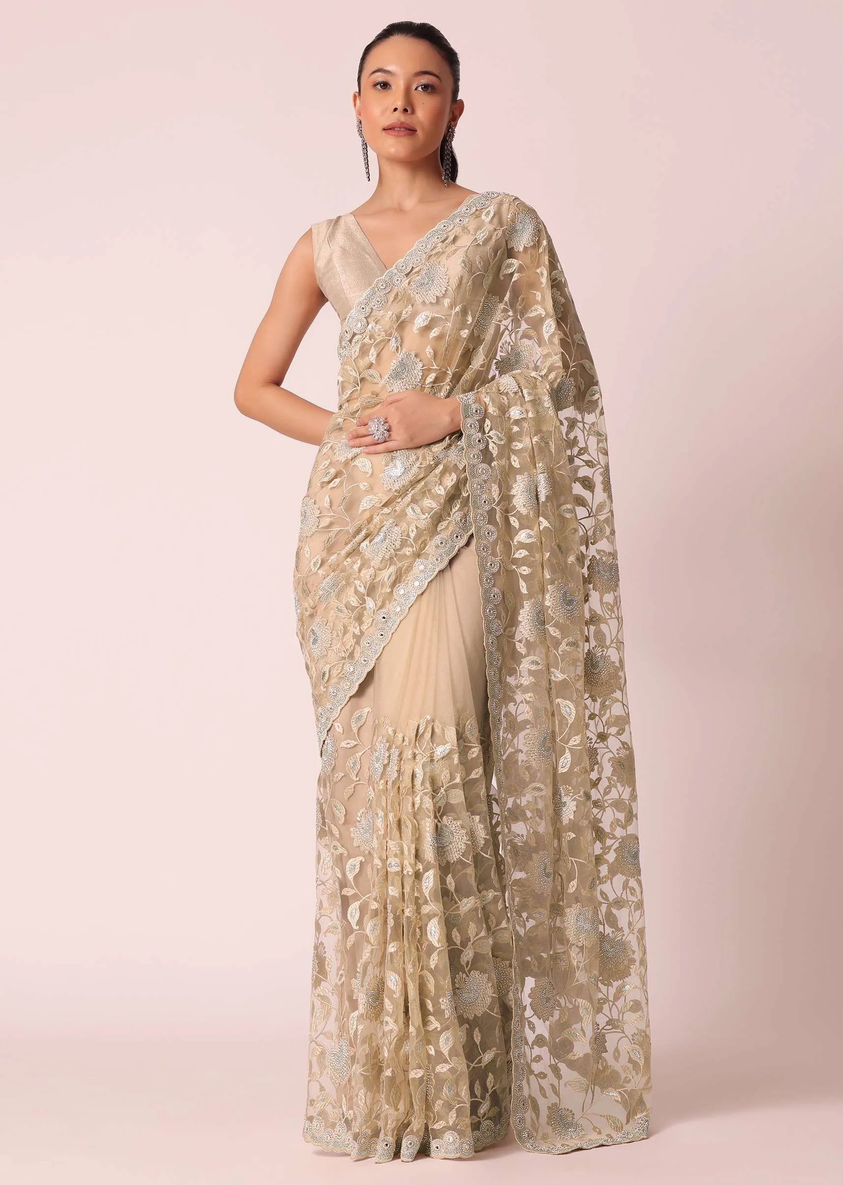 Beige Mirror Work Saree With Scallop Border And Unstitched Blouse Piece