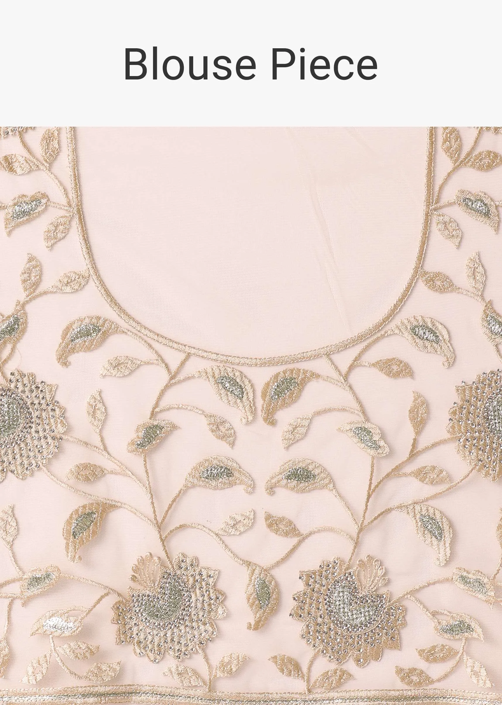 Beige Mirror Work Saree With Scallop Border And Unstitched Blouse Piece