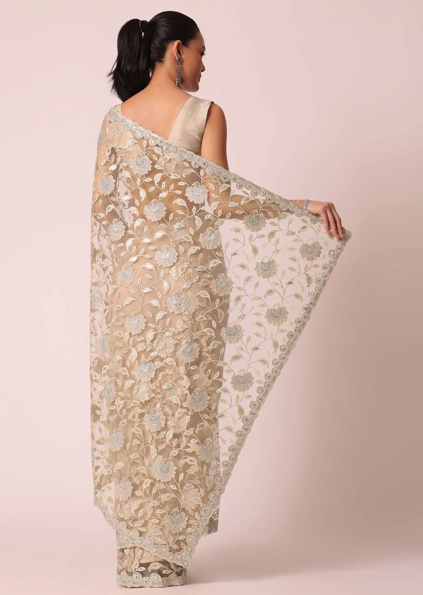 Beige Mirror Work Saree With Scallop Border And Unstitched Blouse Piece