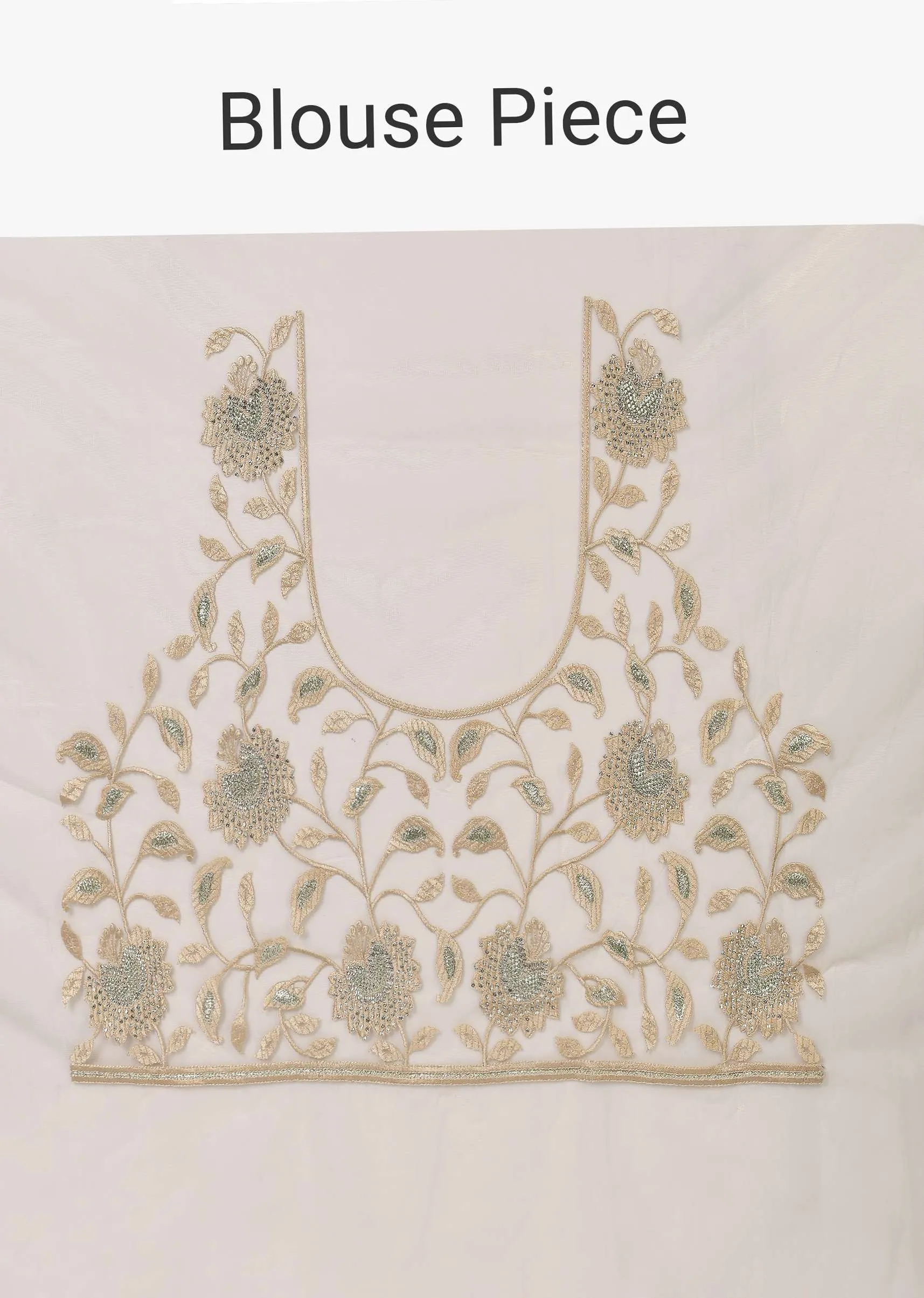Beige Mirror Work Saree With Scallop Border And Unstitched Blouse Piece