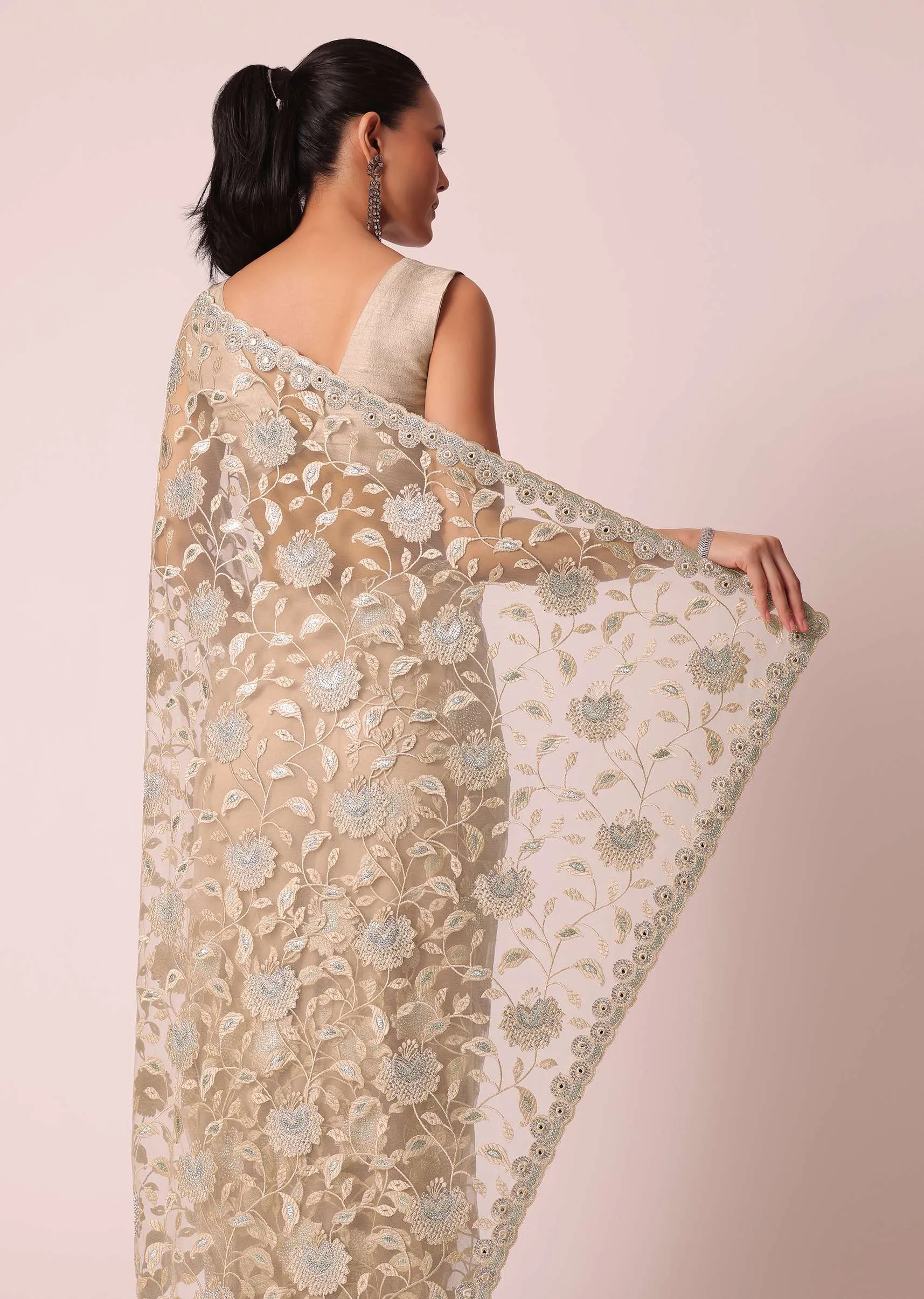 Beige Mirror Work Saree With Scallop Border And Unstitched Blouse Piece