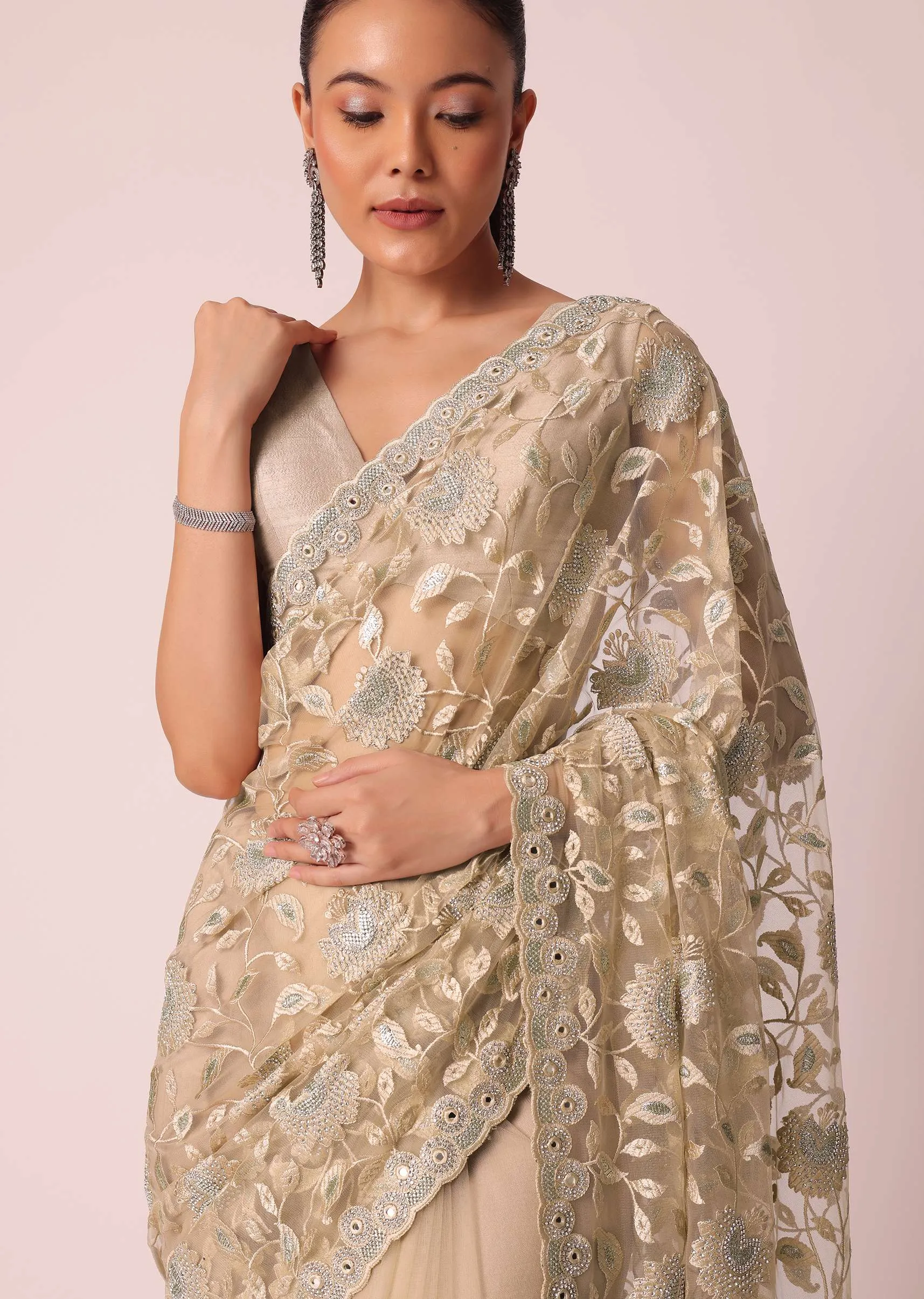 Beige Mirror Work Saree With Scallop Border And Unstitched Blouse Piece