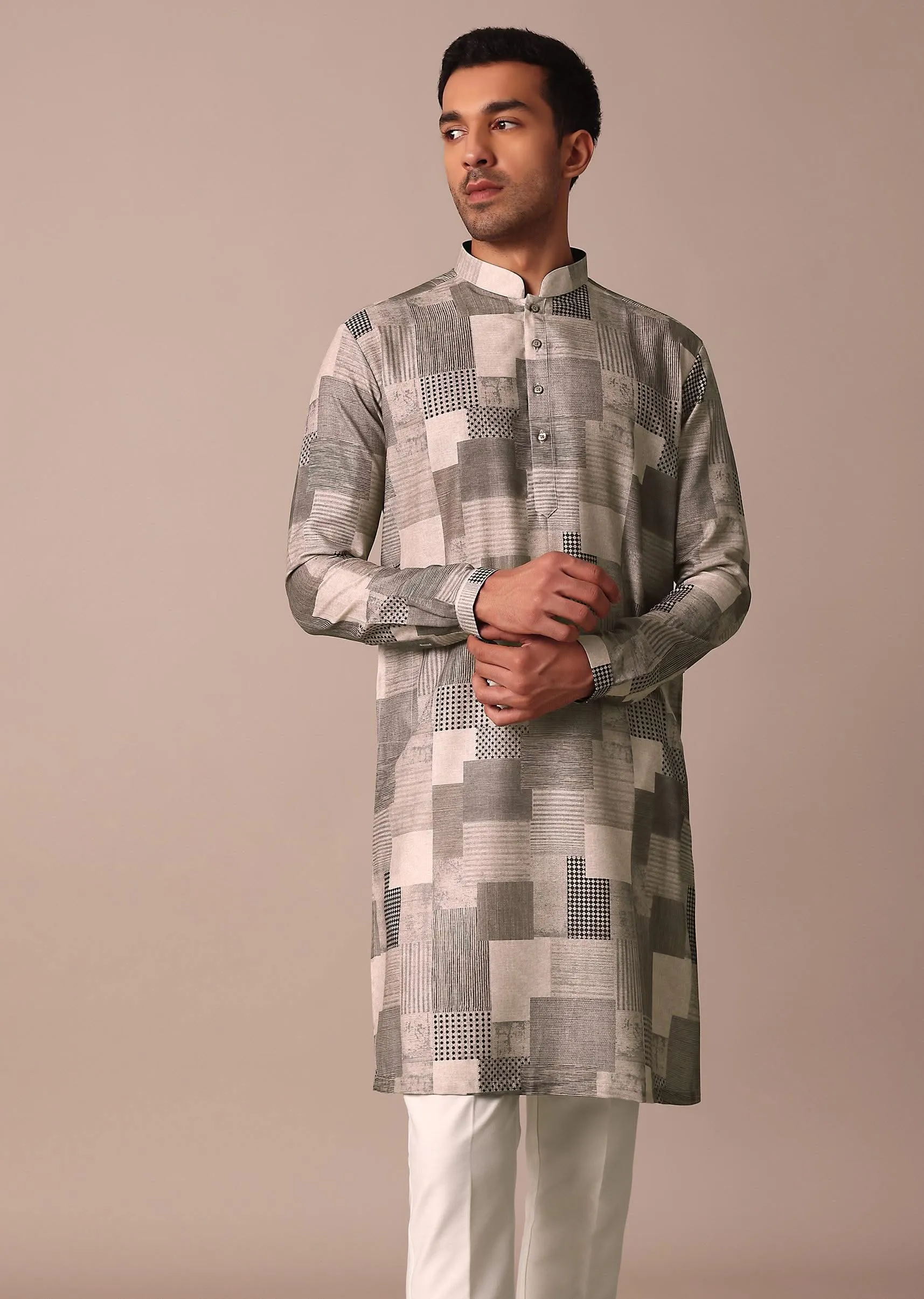 Beige Printed Straight Kurta With Self Work