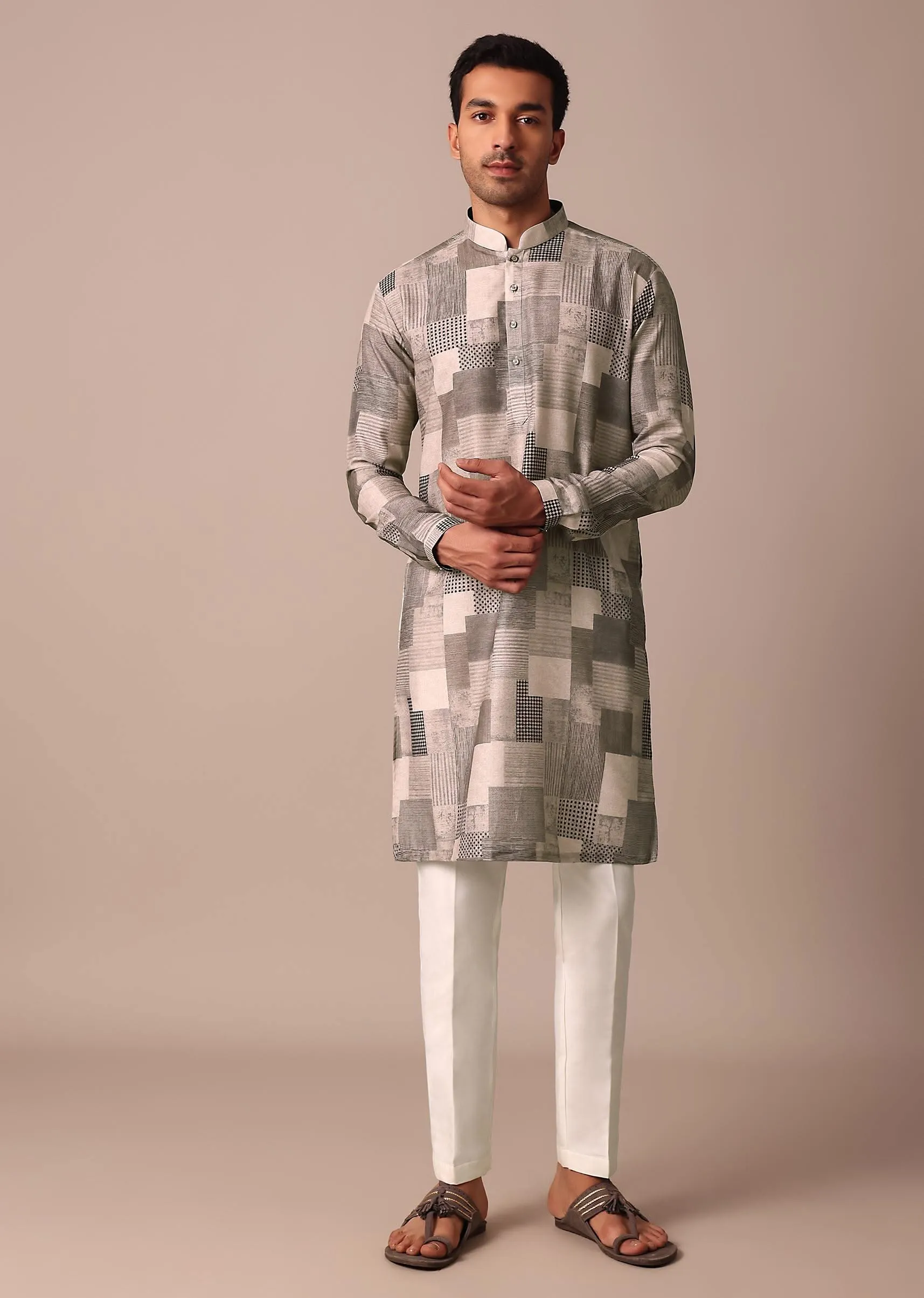 Beige Printed Straight Kurta With Self Work
