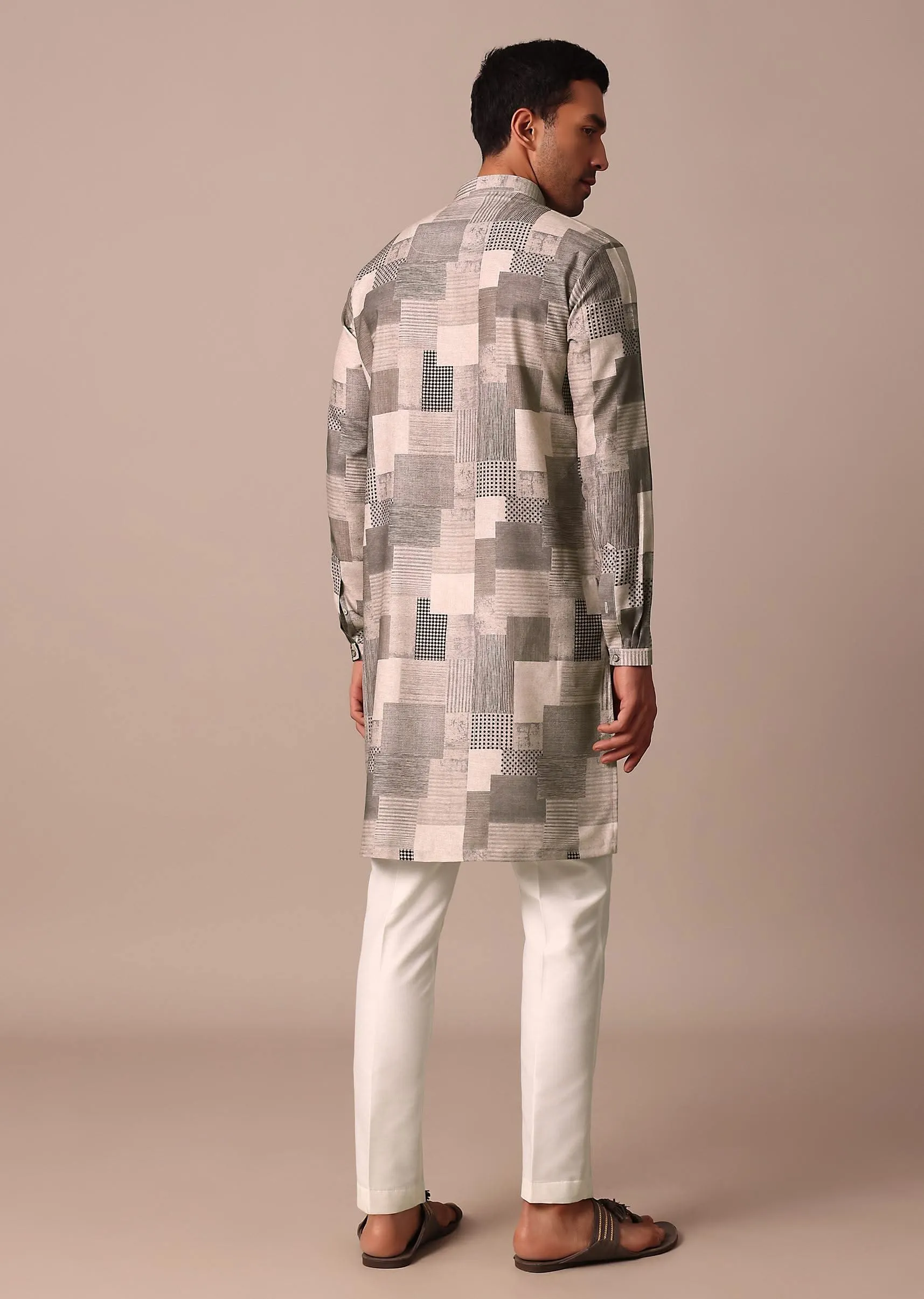 Beige Printed Straight Kurta With Self Work
