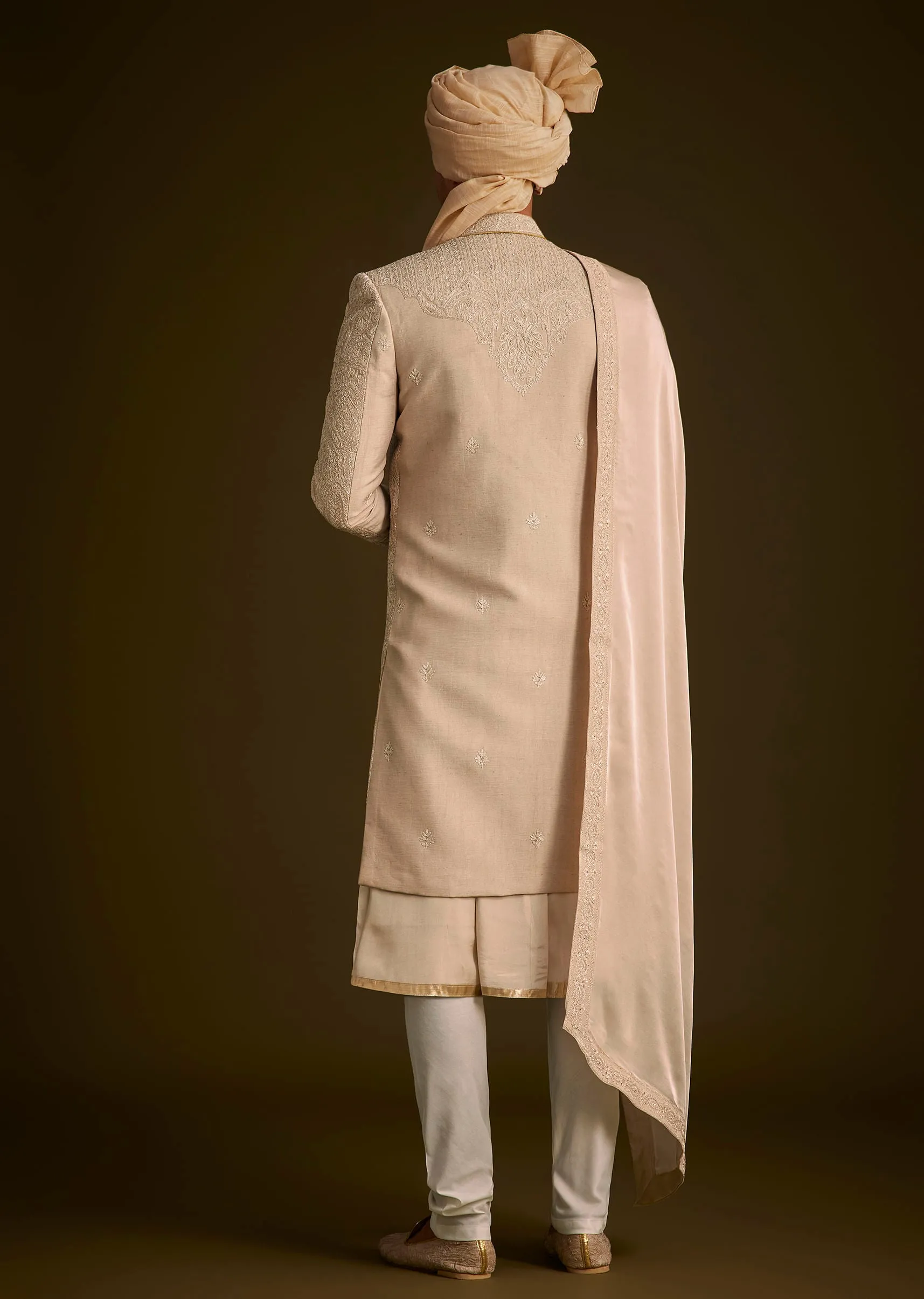Beige Zardosi Embroidered Sherwani With Dupatta