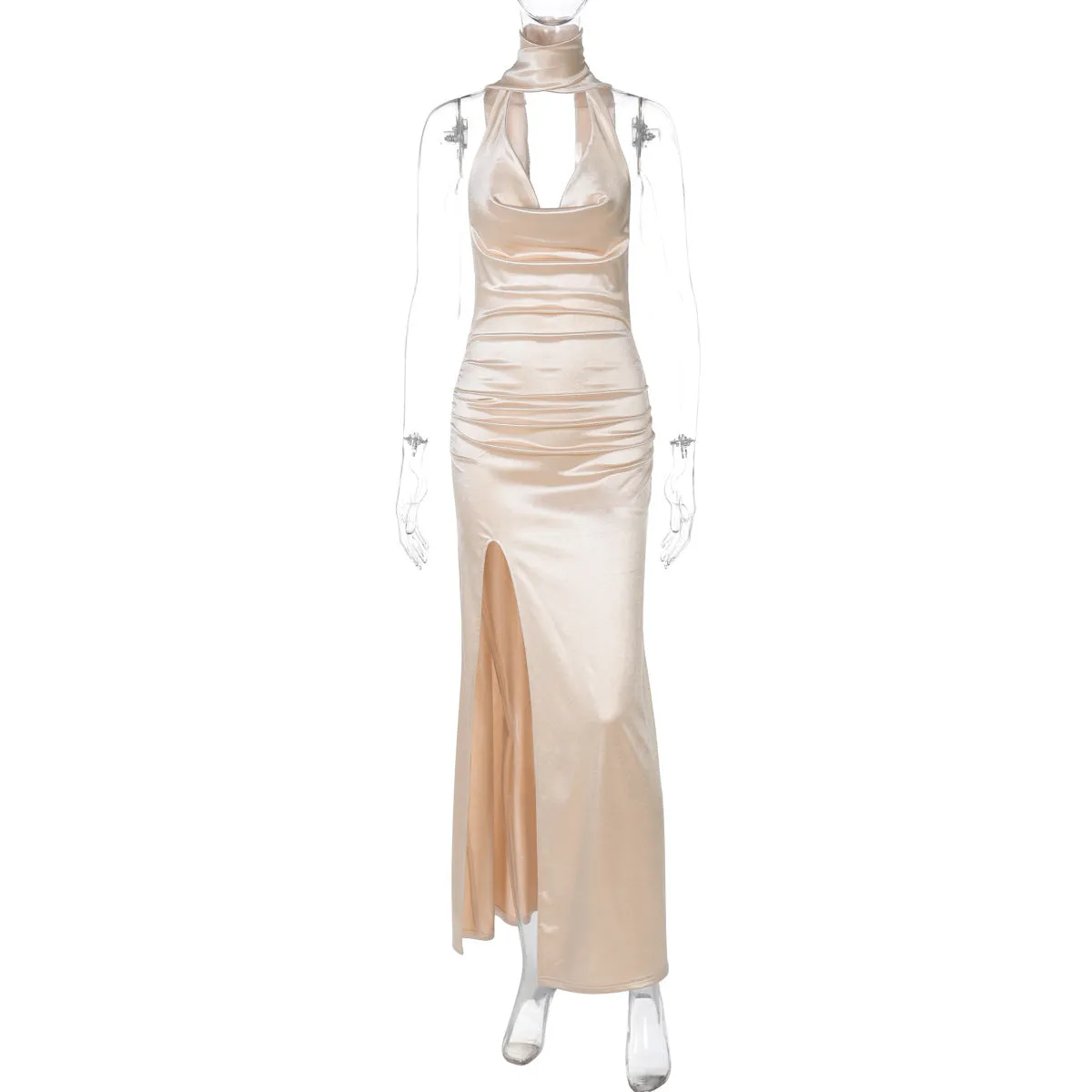Best Seller in Women Sexy Deep V Plunge Halter Backless Ribbon Split Dress Women