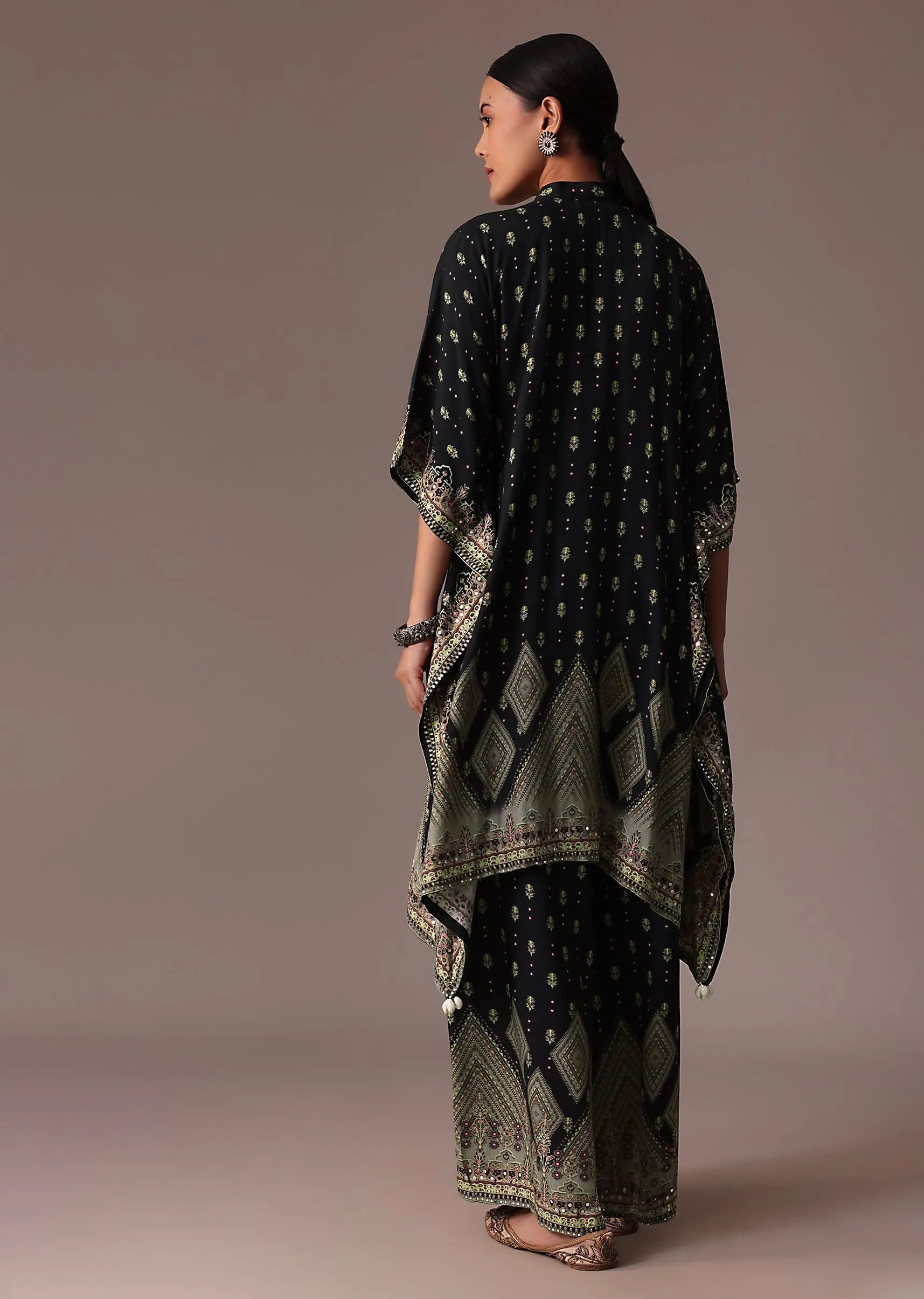 Black Embroidered Printed Silk Kaftan Co Ord Set