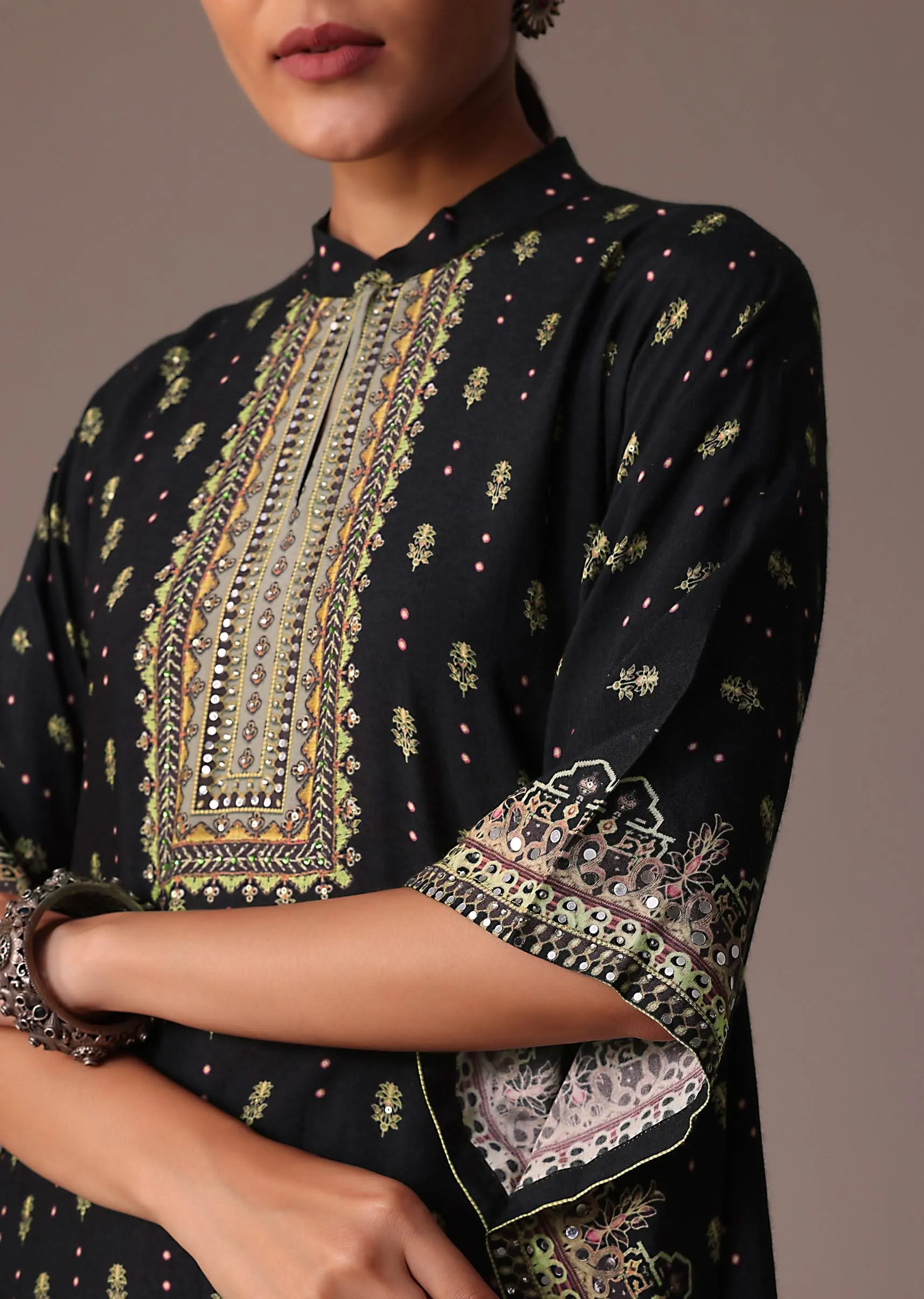 Black Embroidered Printed Silk Kaftan Co Ord Set