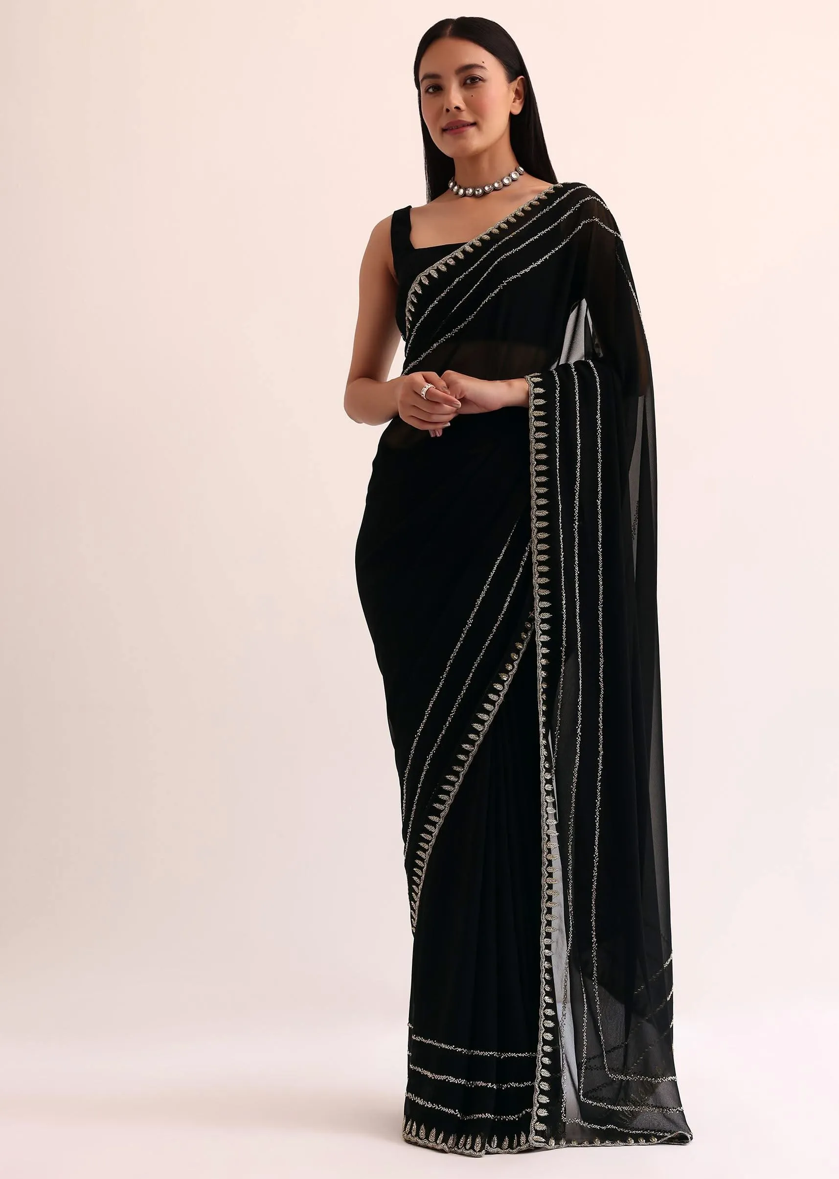 Black Georgette Saree With Cut Dana Embroidery And Unstitched Blouse