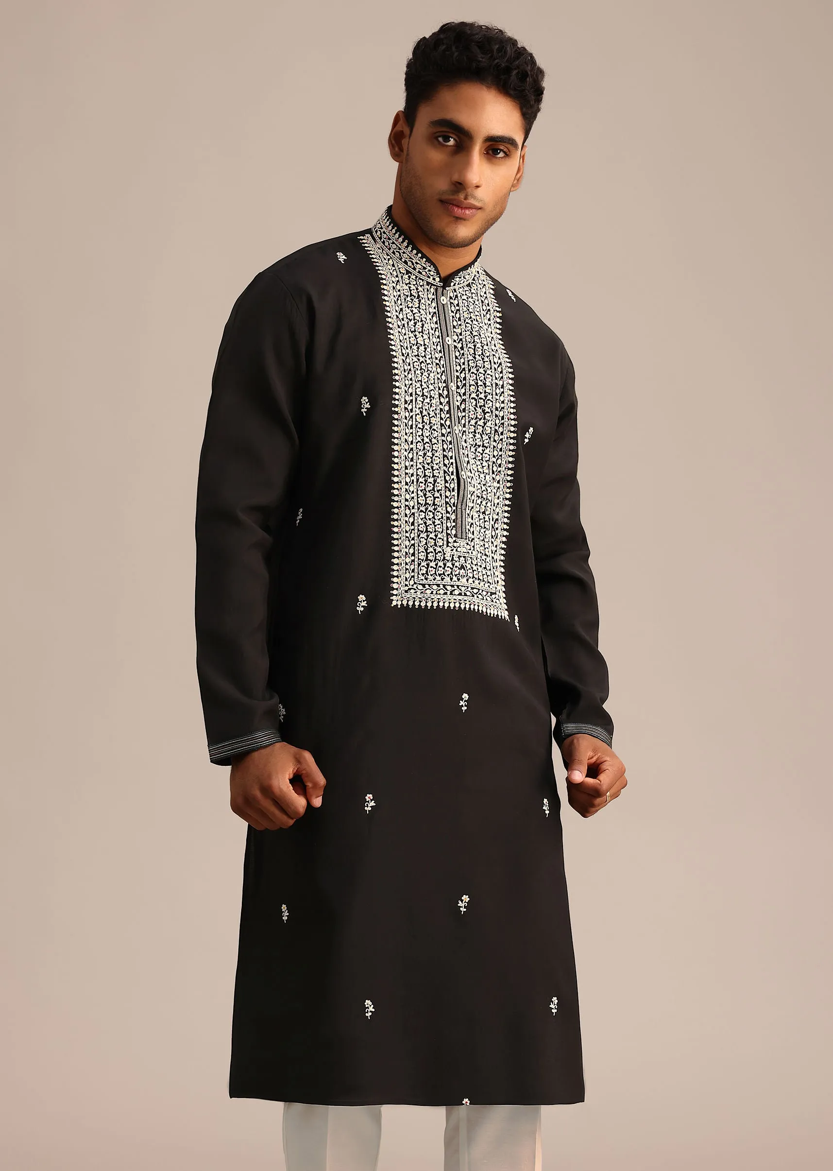Black Silk Mandarin Collar Kurta Set With Embroidered Yoke