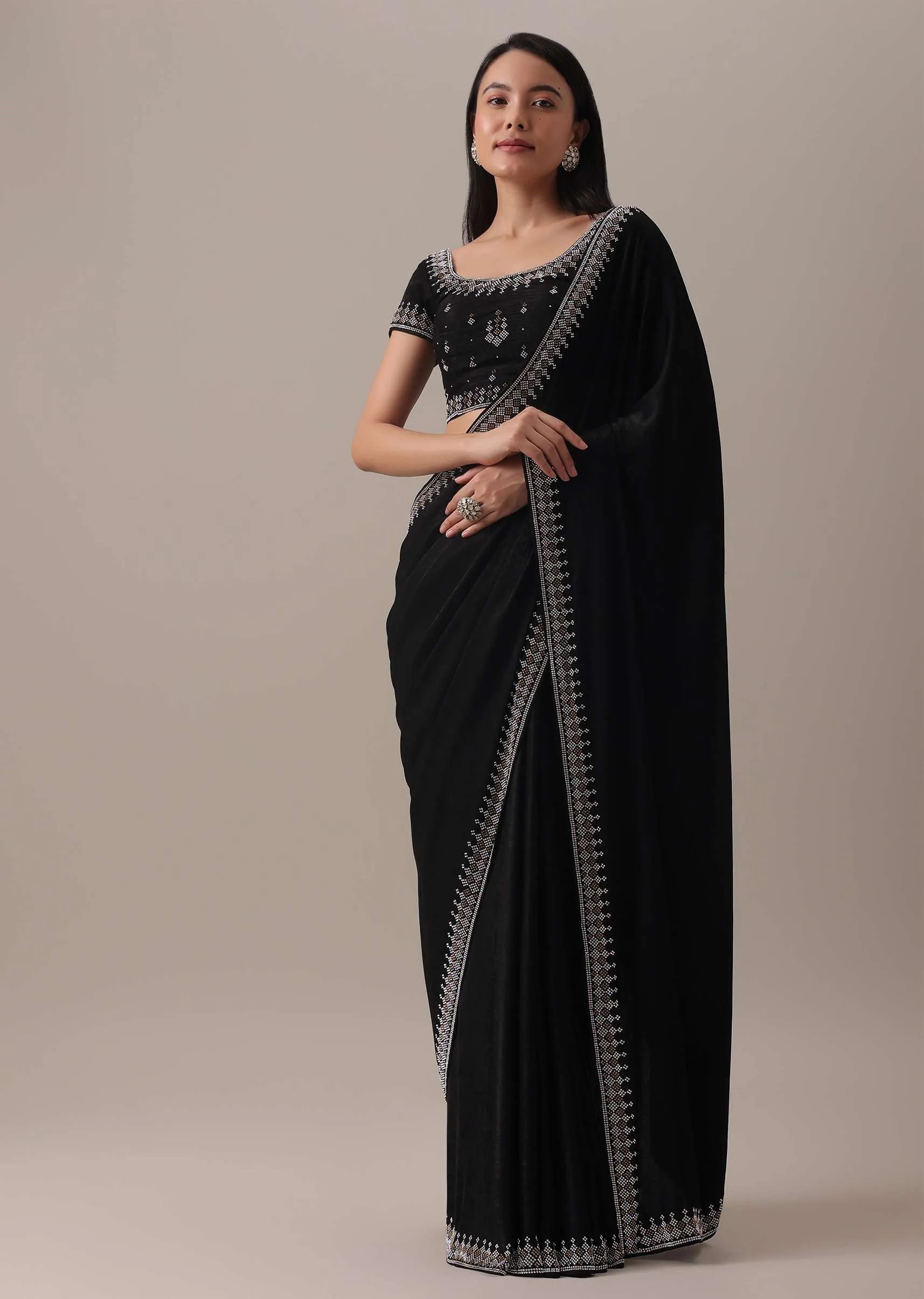 Black Stone Embellished Saree In Satin