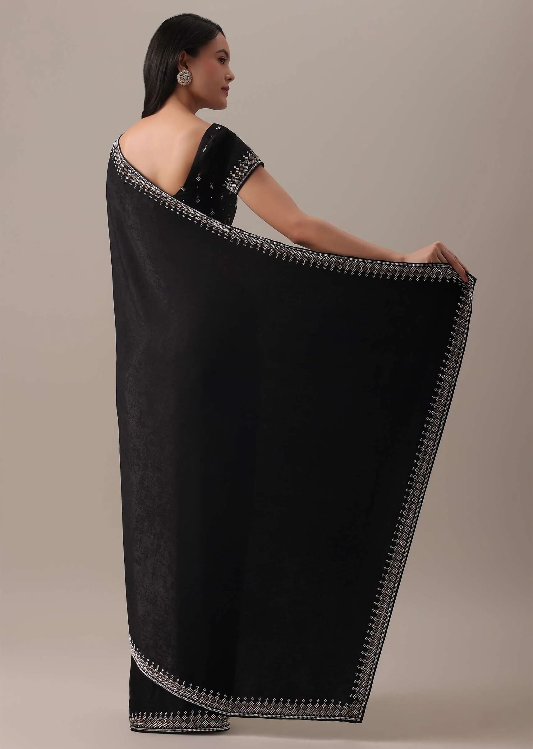 Black Stone Embellished Saree In Satin