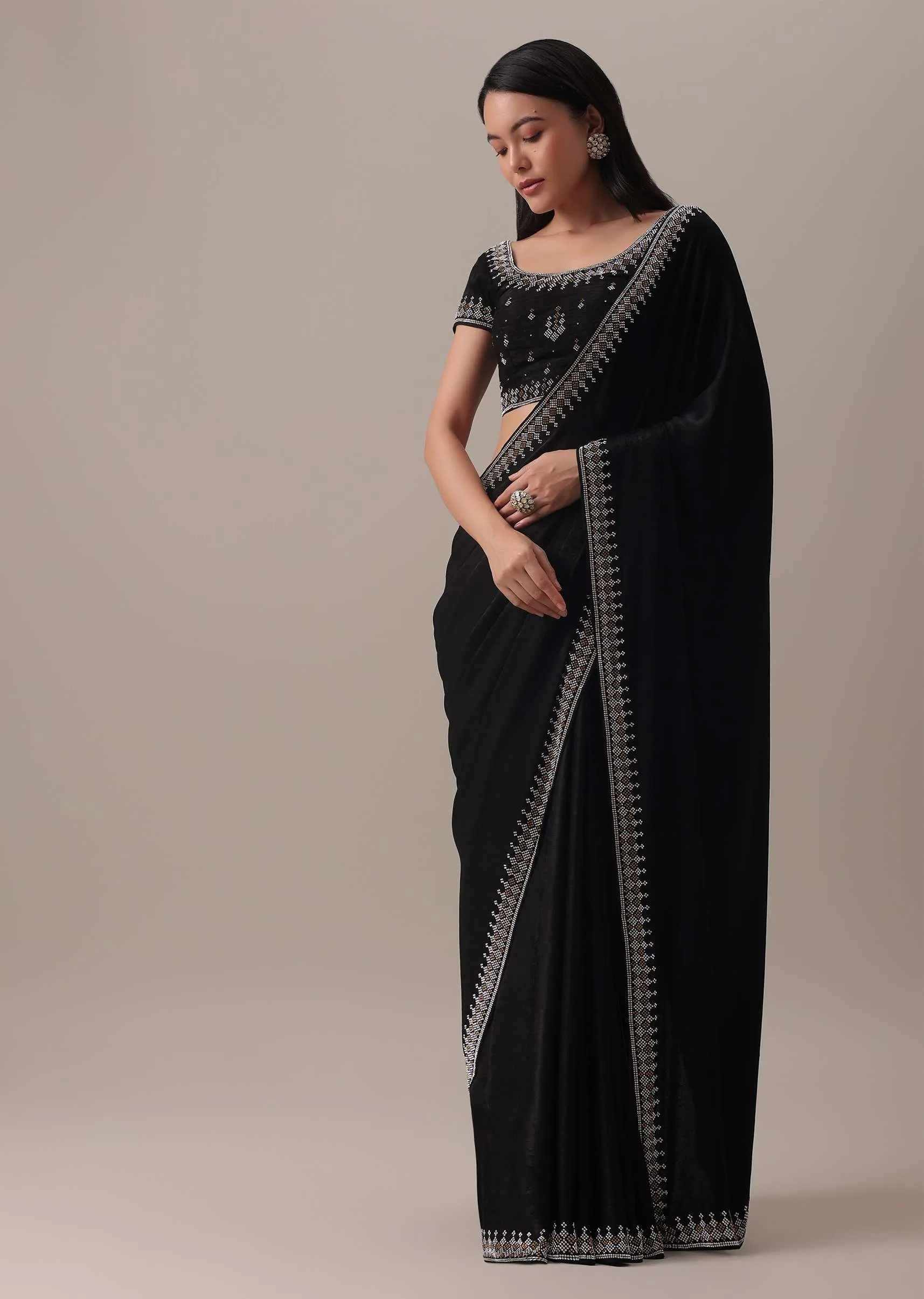 Black Stone Embellished Saree In Satin