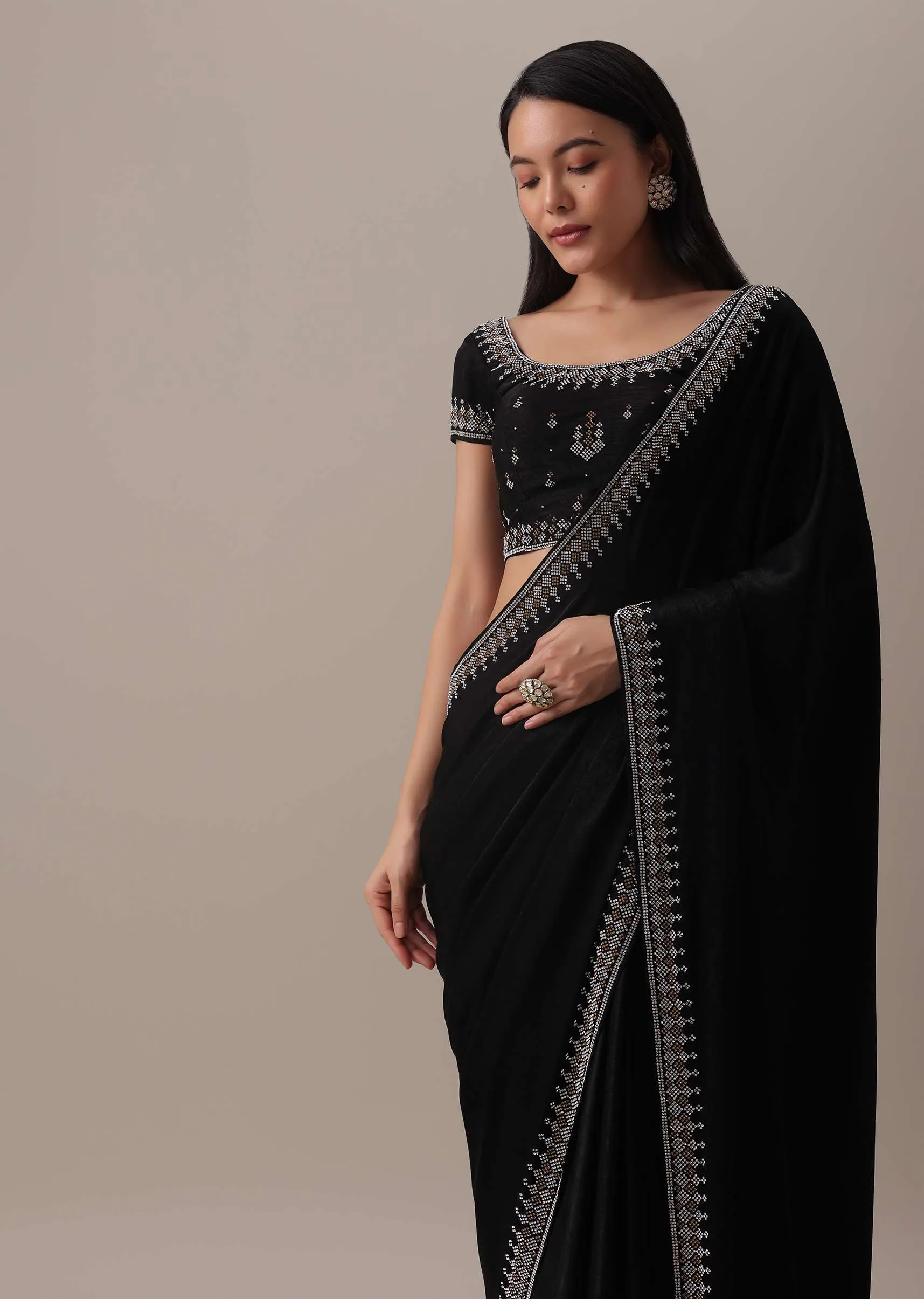 Black Stone Embellished Saree In Satin