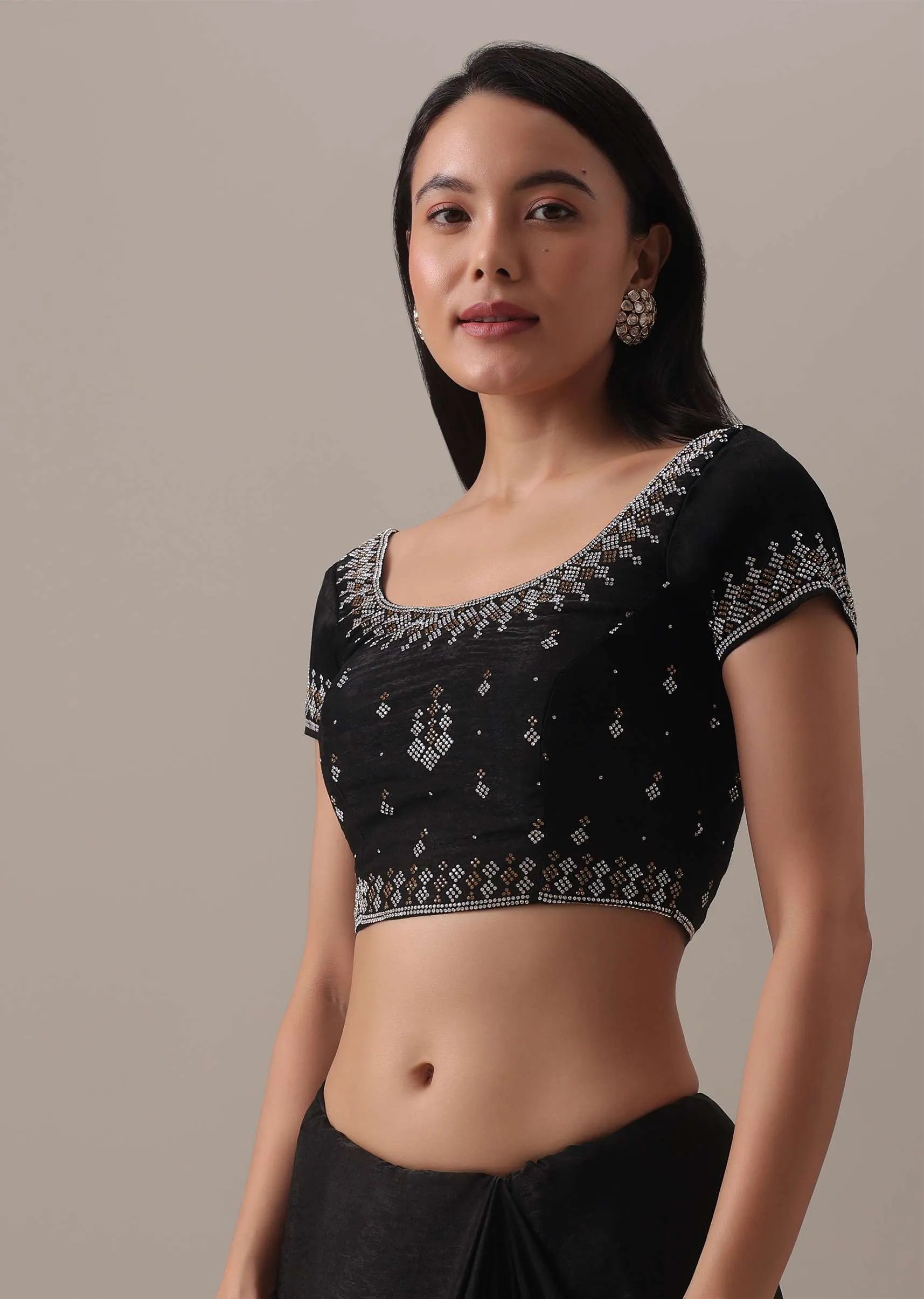 Black Stone Embellished Saree In Satin