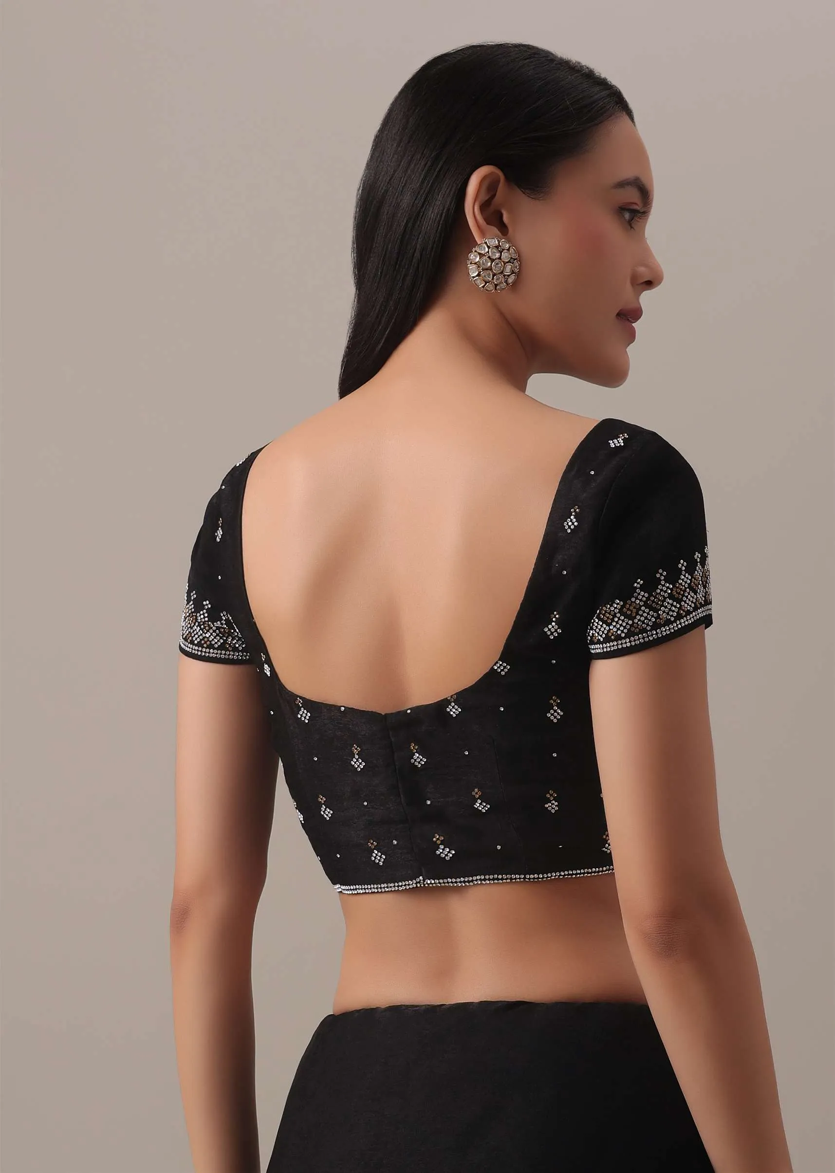 Black Stone Embellished Saree In Satin