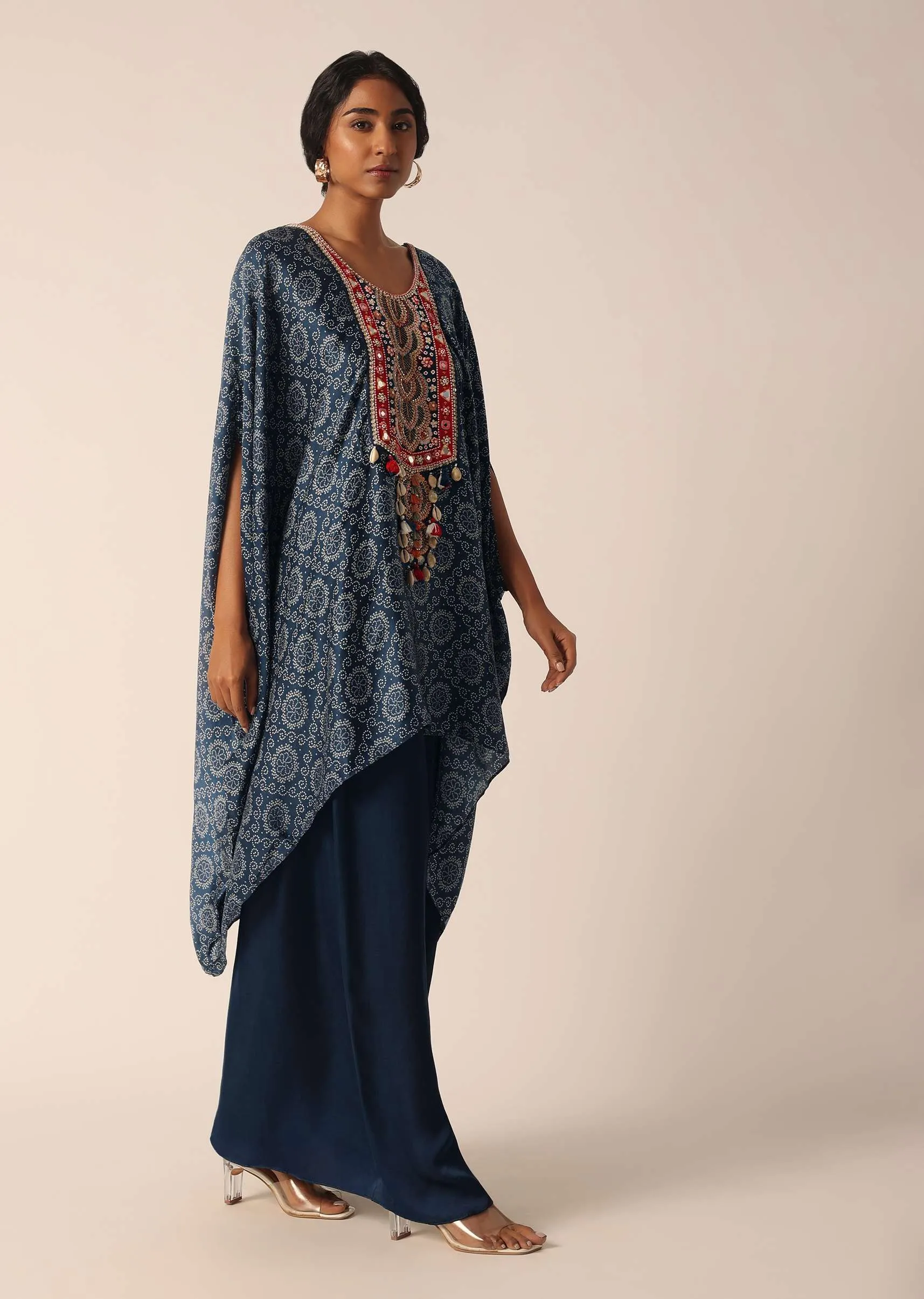 Blue Banarasi Pant Set With Bandhani Print