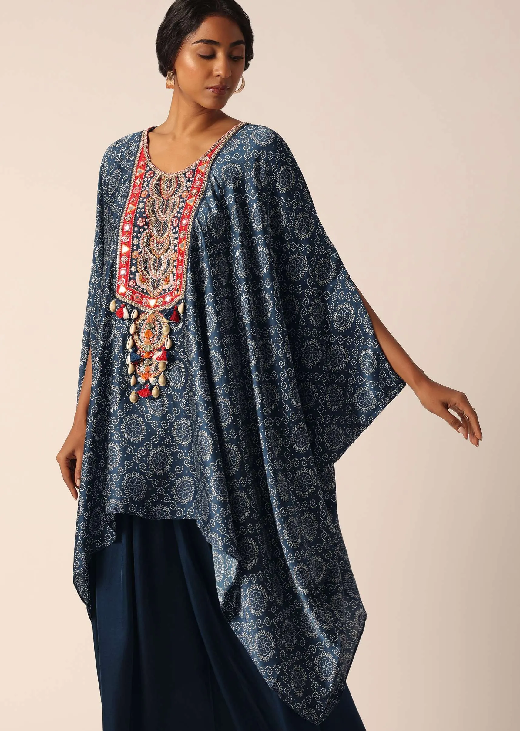 Blue Banarasi Pant Set With Bandhani Print