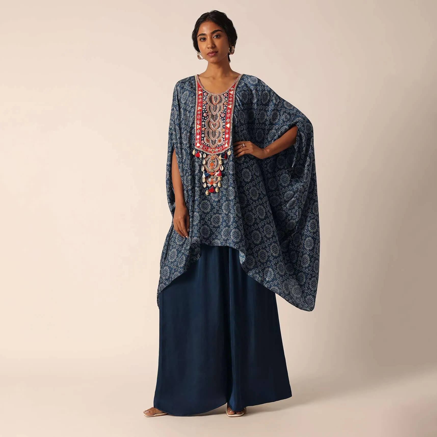 Blue Banarasi Pant Set With Bandhani Print