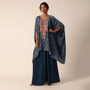 Blue Banarasi Pant Set With Bandhani Print
