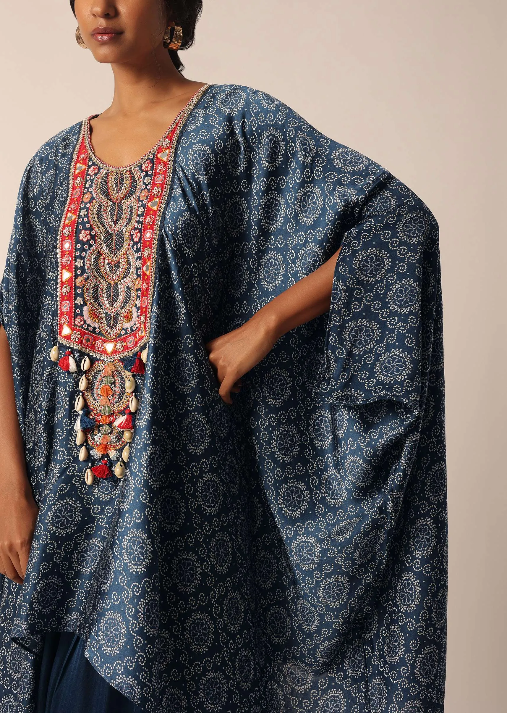 Blue Banarasi Pant Set With Bandhani Print