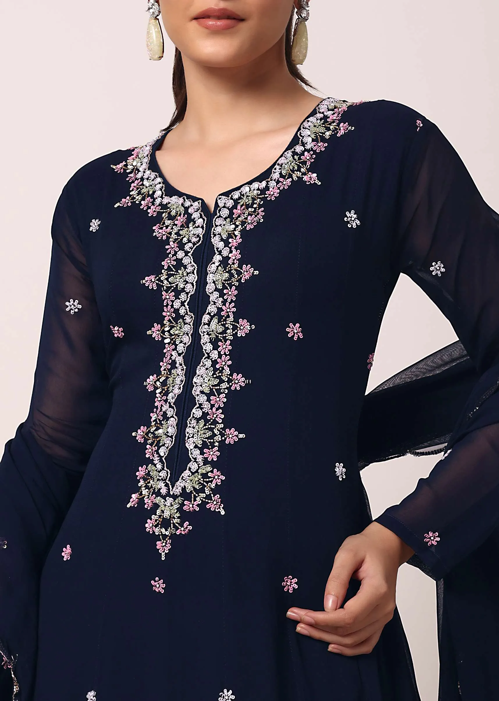 Blue Embroidered Anarkali Pant Set