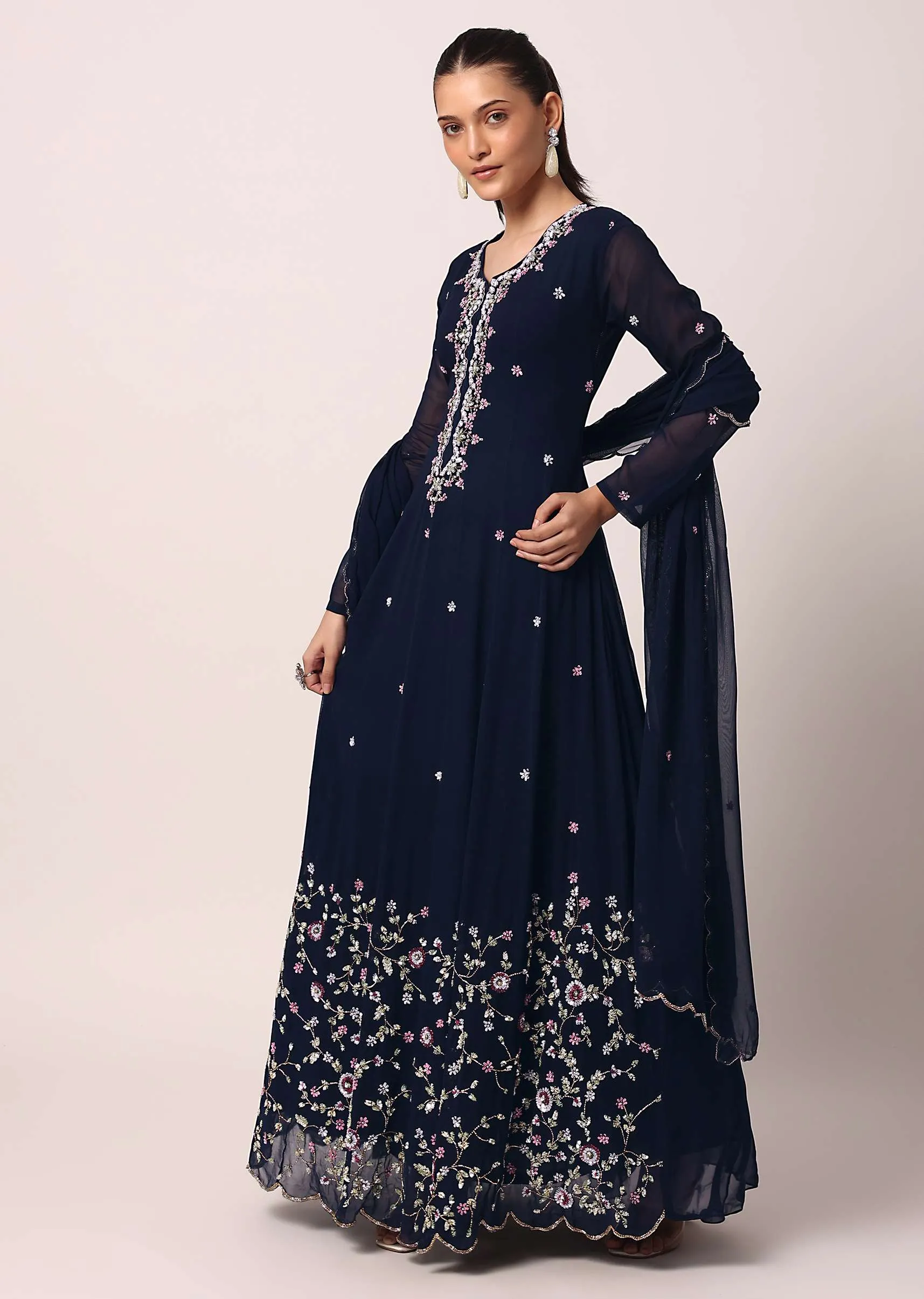 Blue Embroidered Anarkali Pant Set