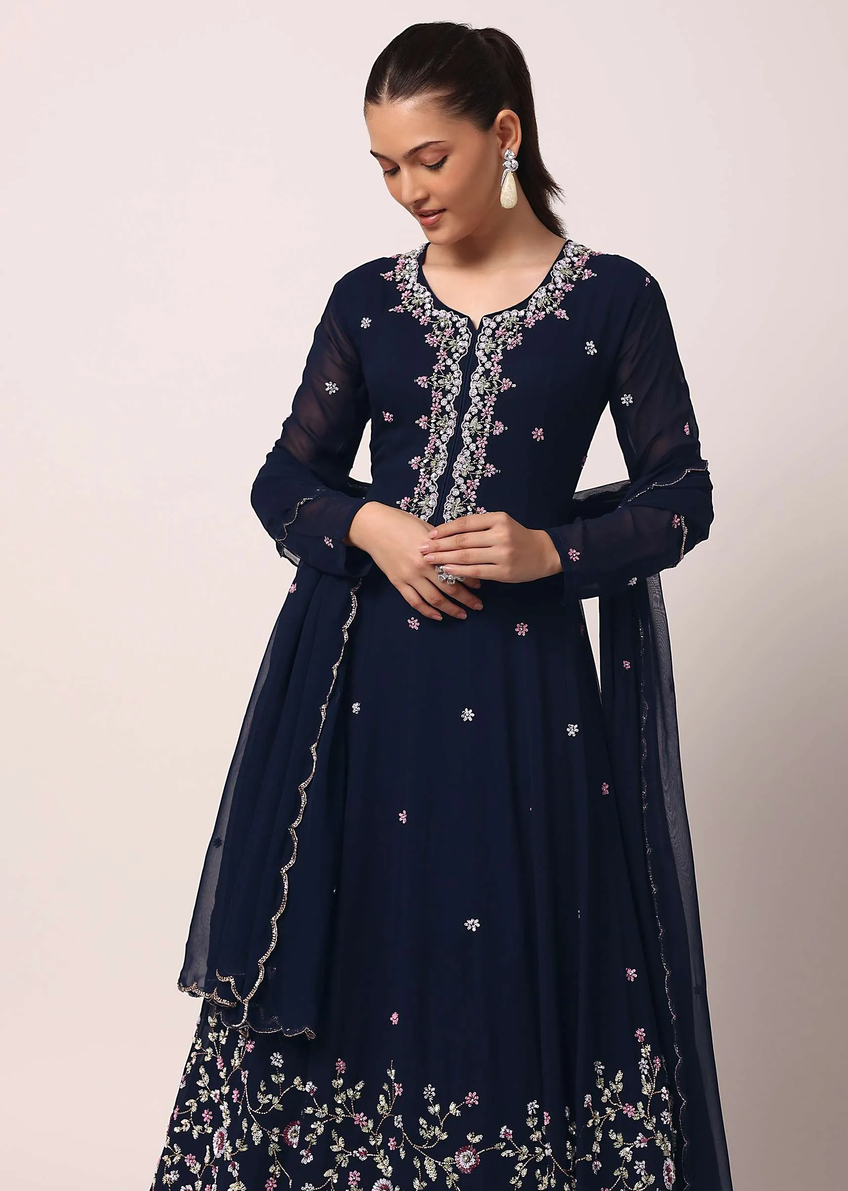 Blue Embroidered Anarkali Pant Set